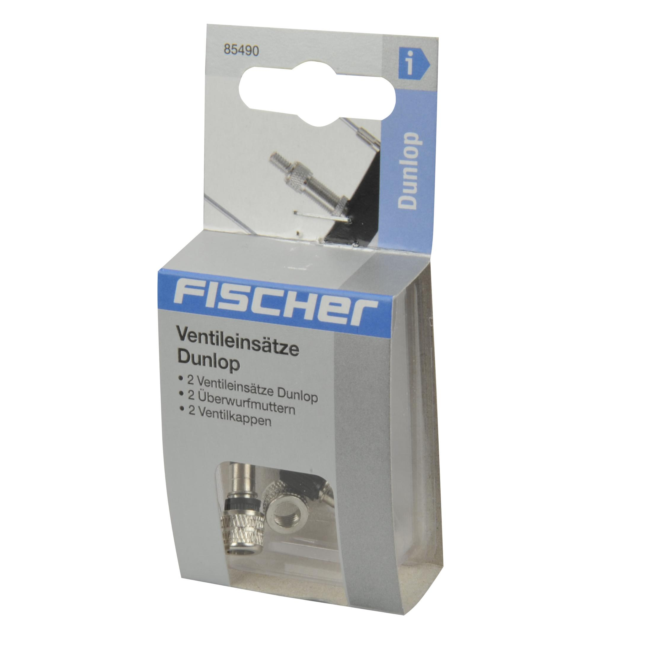 Verpackung für Fahrradventileinsätze. Enthält zwei Einsätze, Muttern und Kappen. Weißer und blauer Hintergrund.