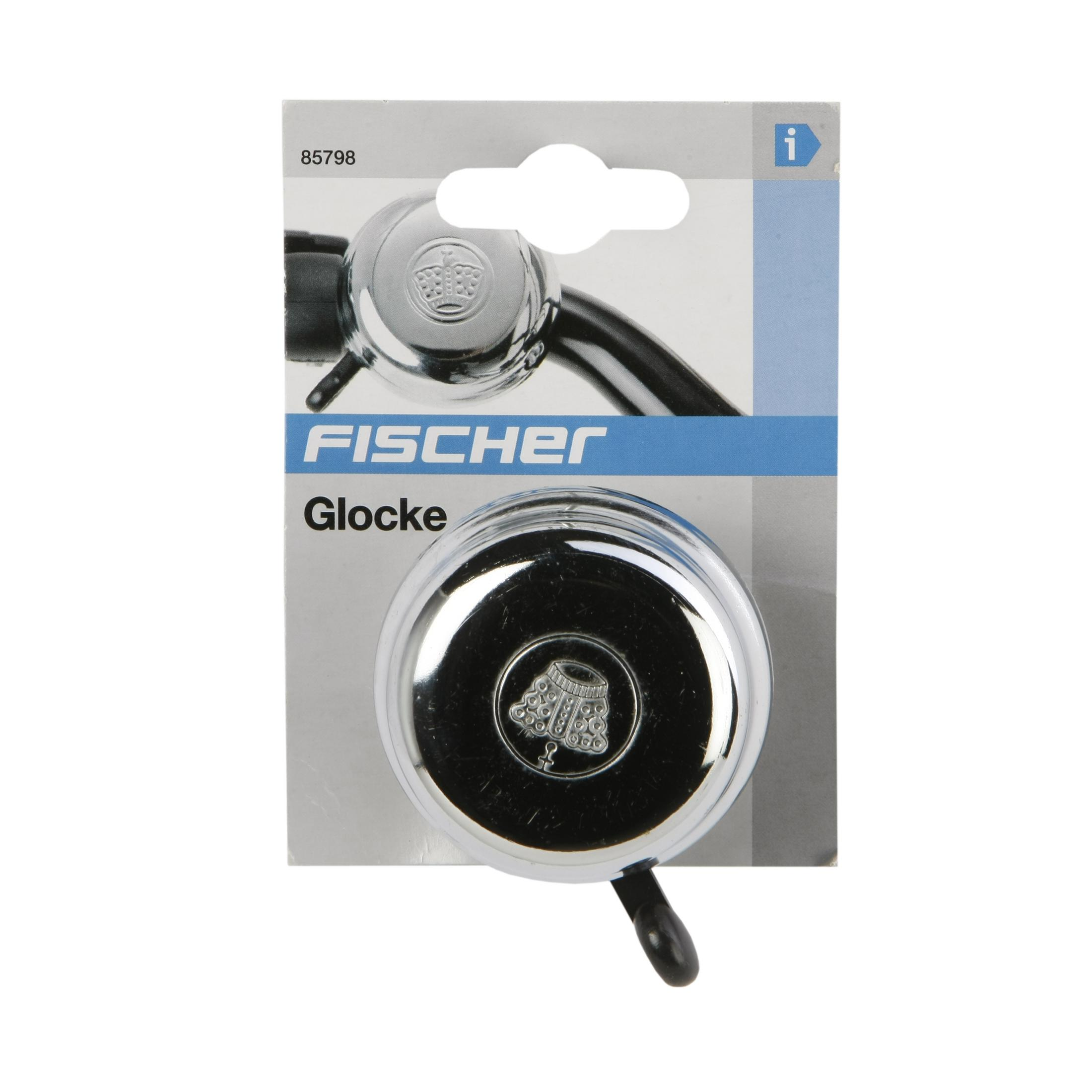 Fahrradklingel in Verpackung, silberne Glocke, schwarzer Hebel, weißer Hintergrund.