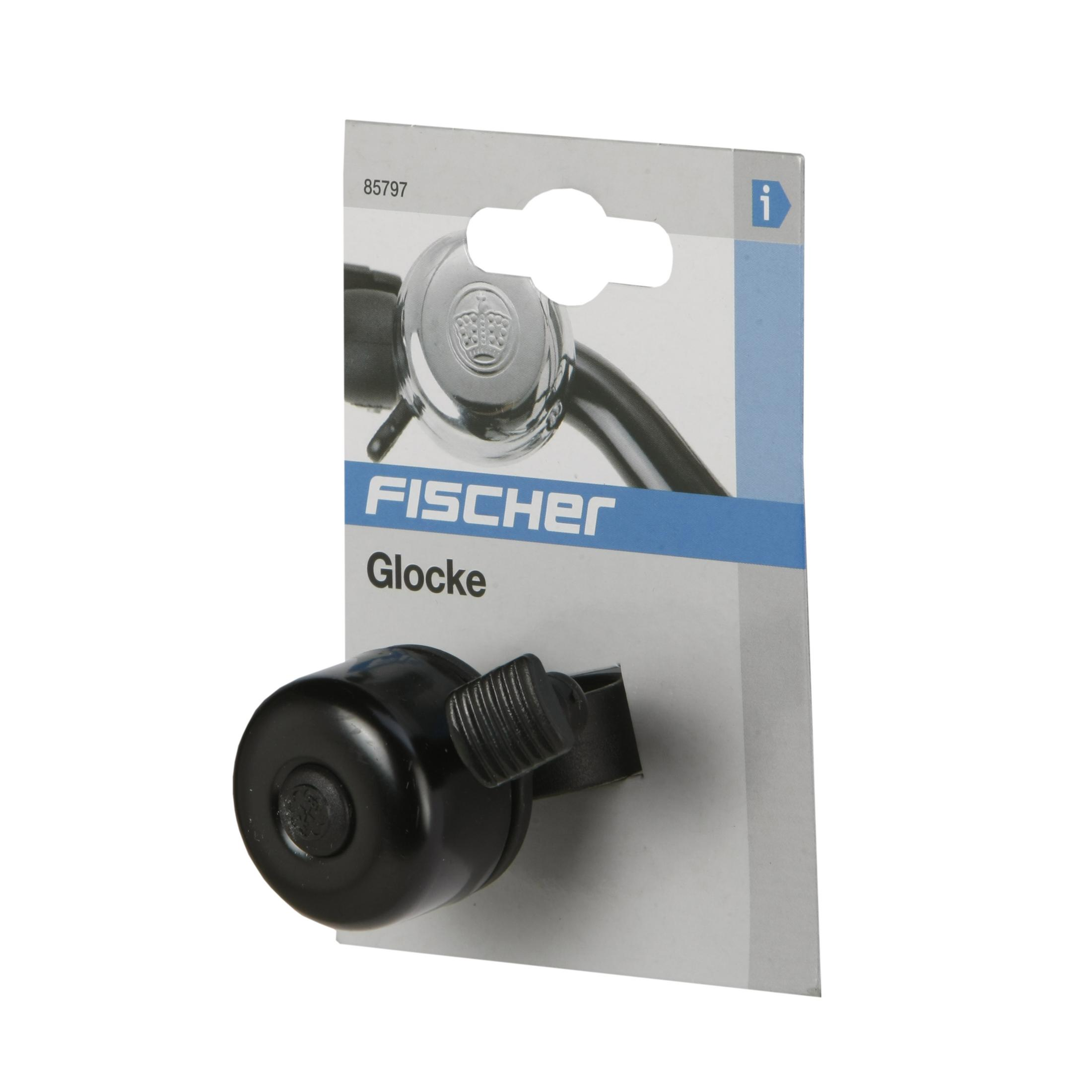 Eine Fahrradklingel in ihrer Verpackung. Die Klingel ist schwarz, die Verpackung weiß und blau.