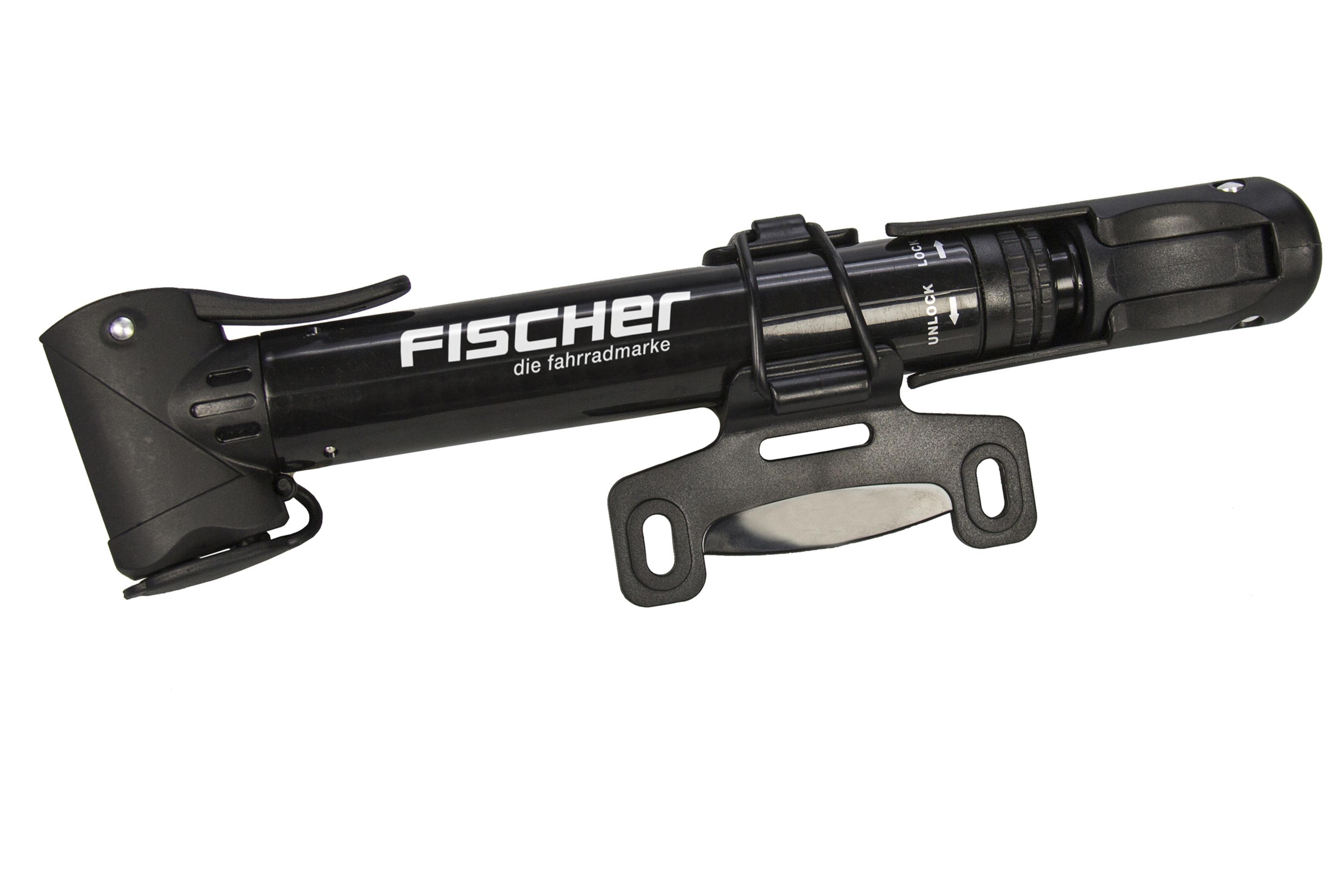 Schwarze Fahrradpumpe mit FISCHER-Branding, auf weißem Hintergrund. Die Pumpe liegt horizontal.