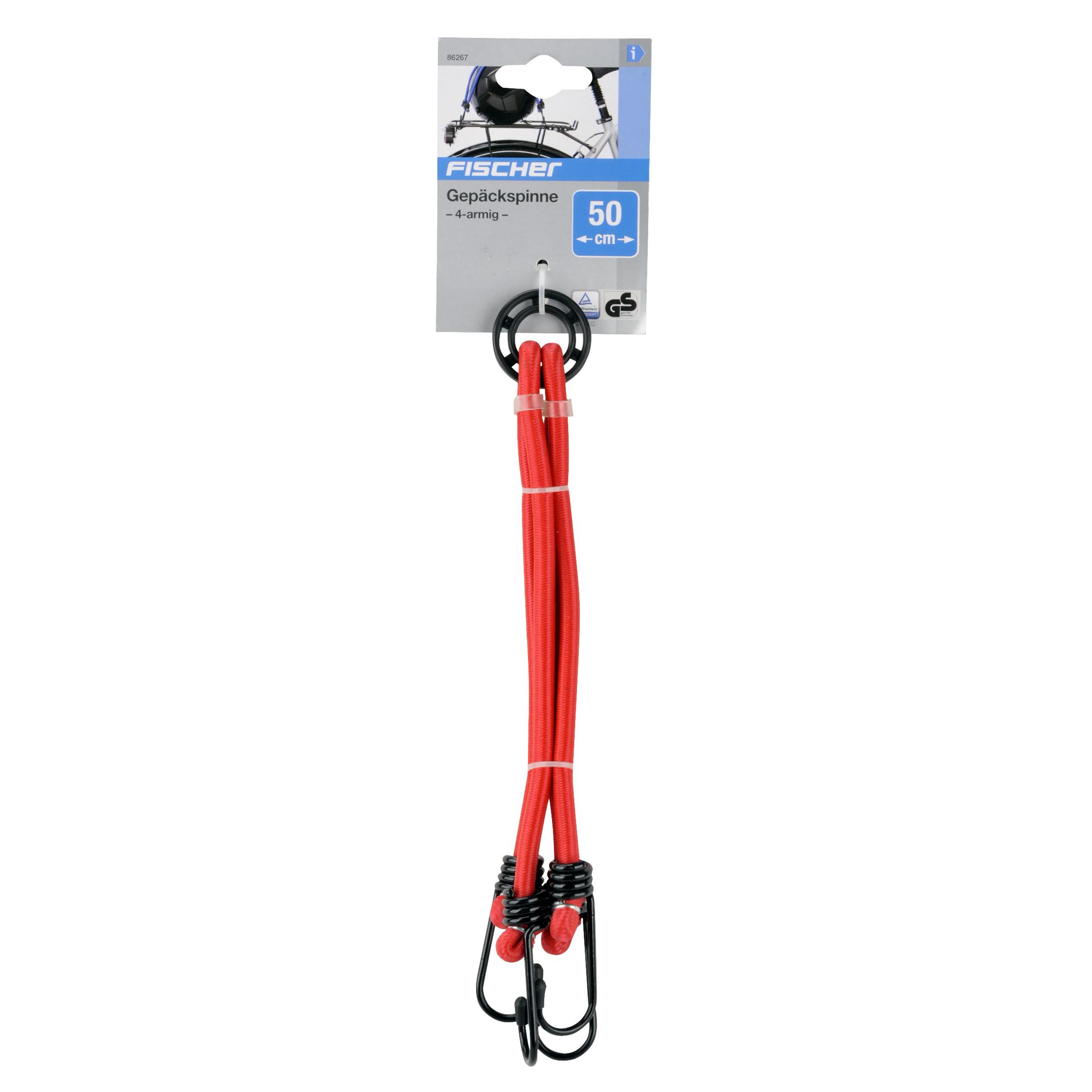 Rote Bungee-Seile mit Haken in der Verpackung. Enthält einen schwarzen Kunststoffring. Weißer Hintergrund.