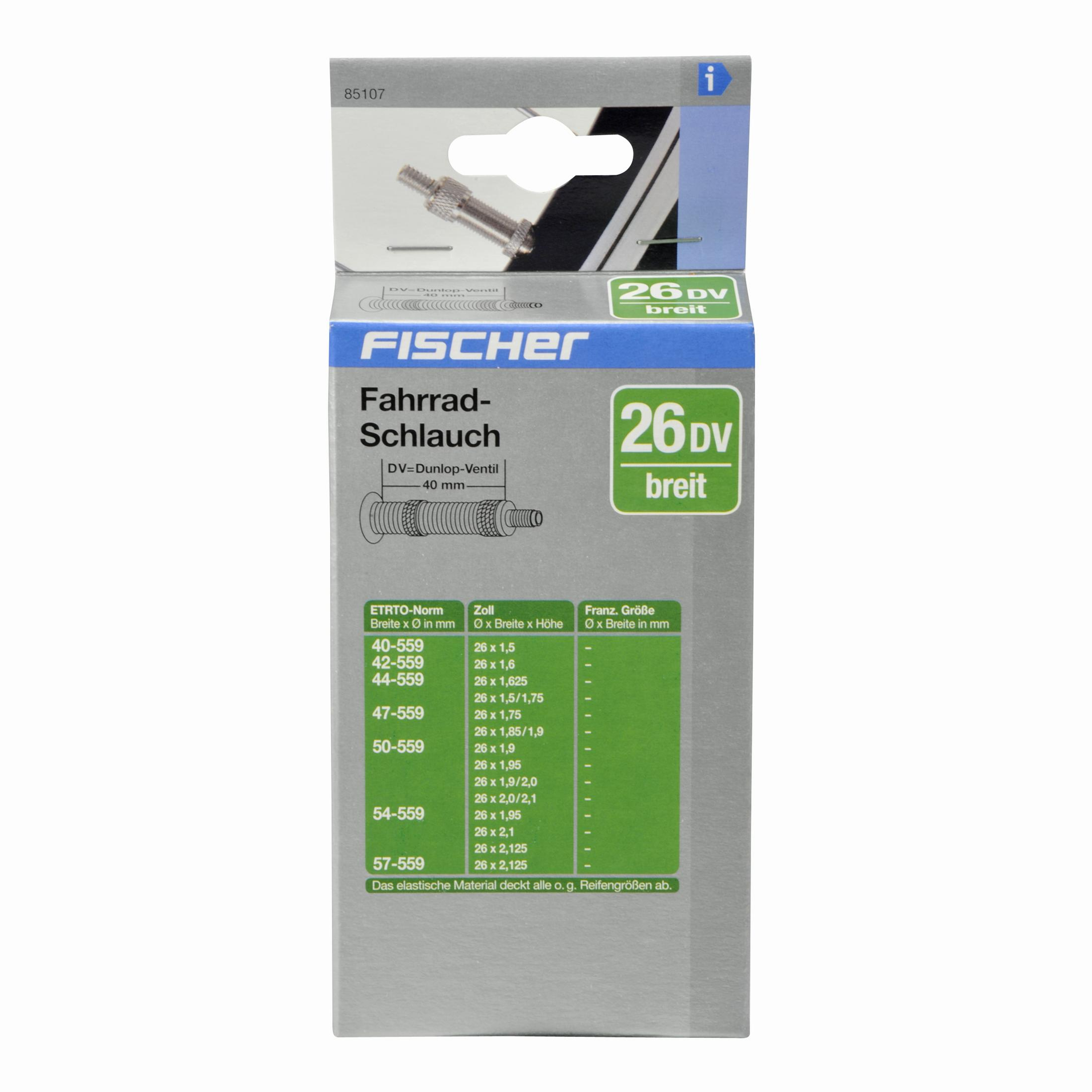 Schachtel eines Fahrradschlauchs mit Produktinformationen und Größenangaben.
