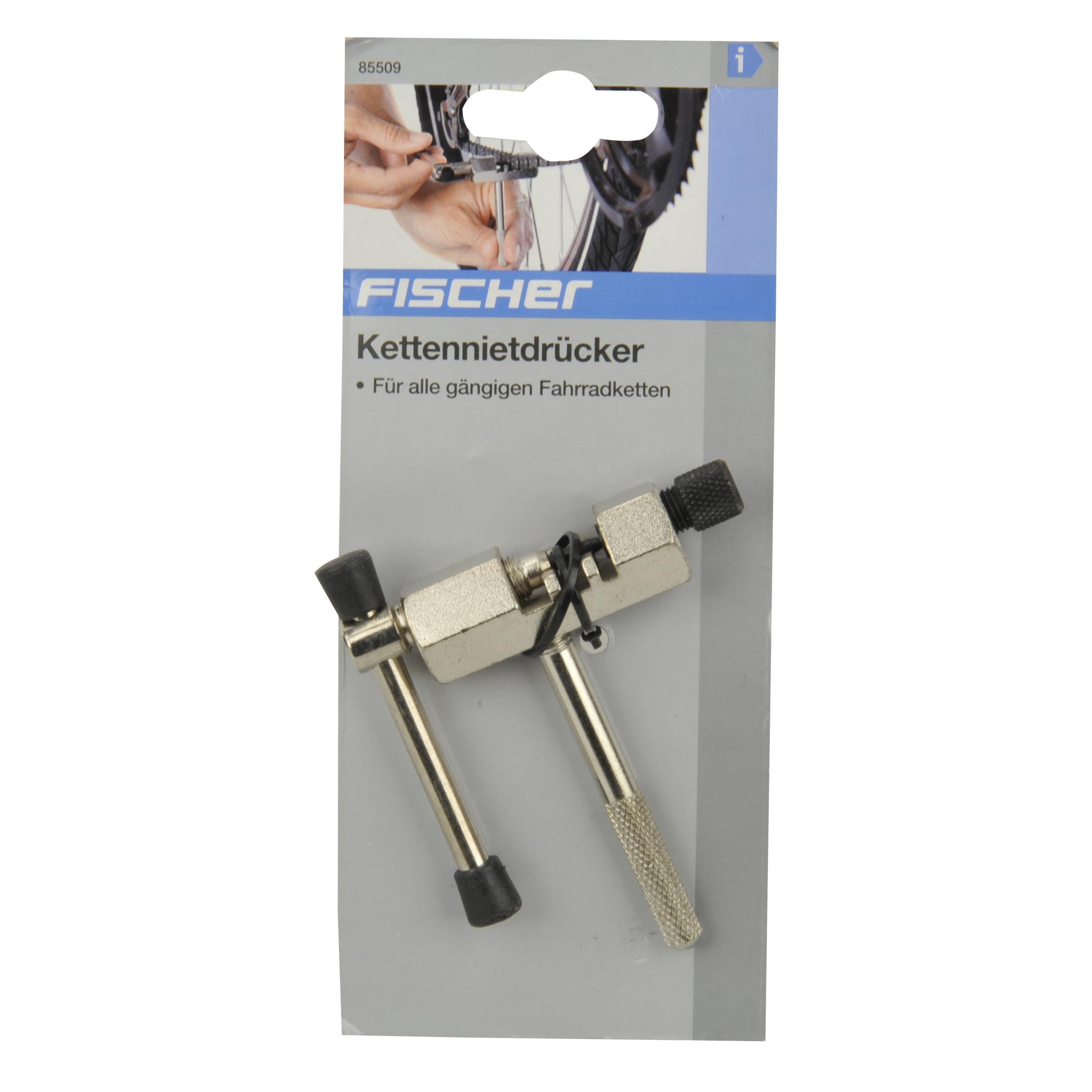 Kettennietwerkzeug mit schwarzem Griff und silbernem Körper, auf einer grau-weißen Karte.