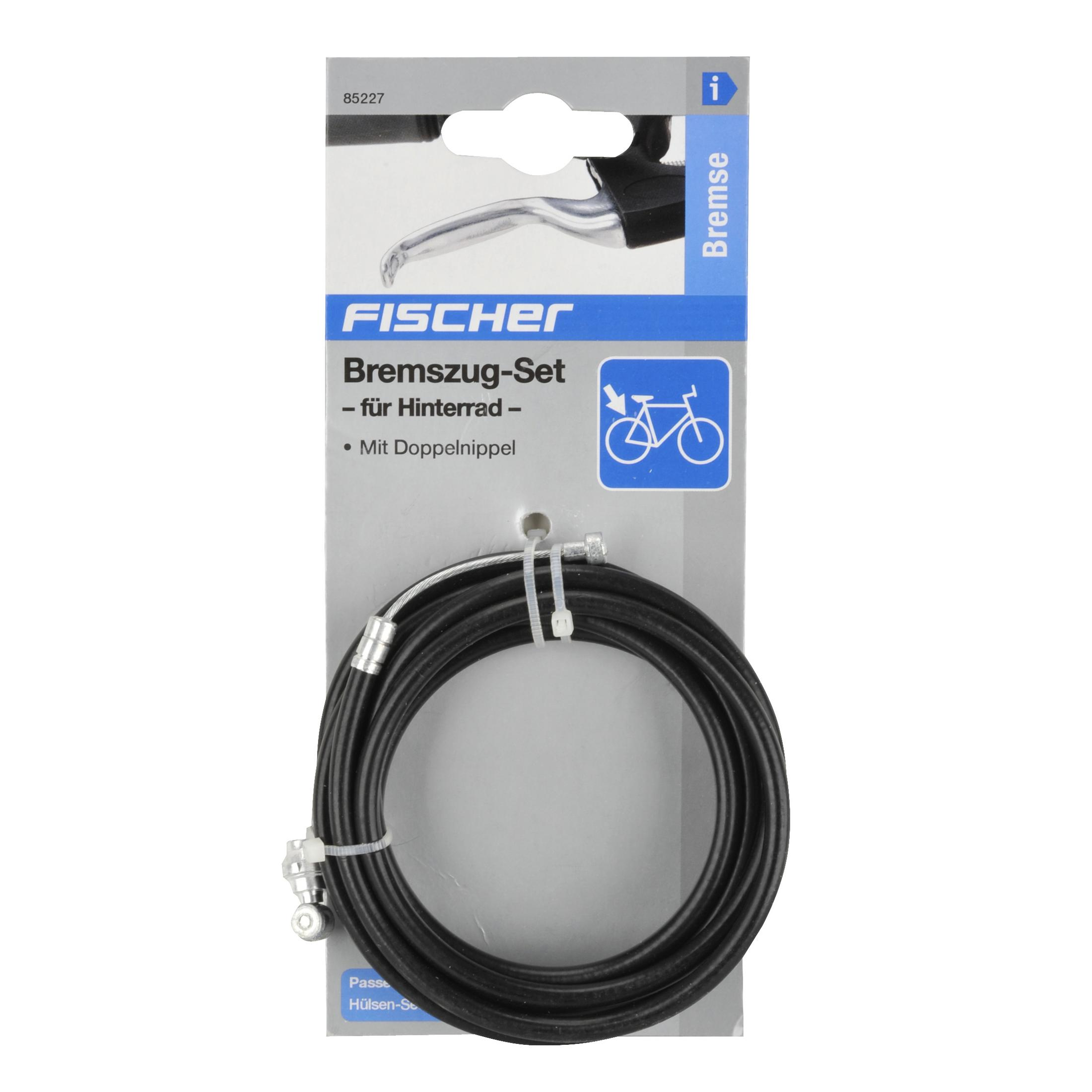 Fahrrad-Bremszug-Set, FISCHER-Branding, auf weißem Hintergrund. Mit Diagramm und Verpackung.