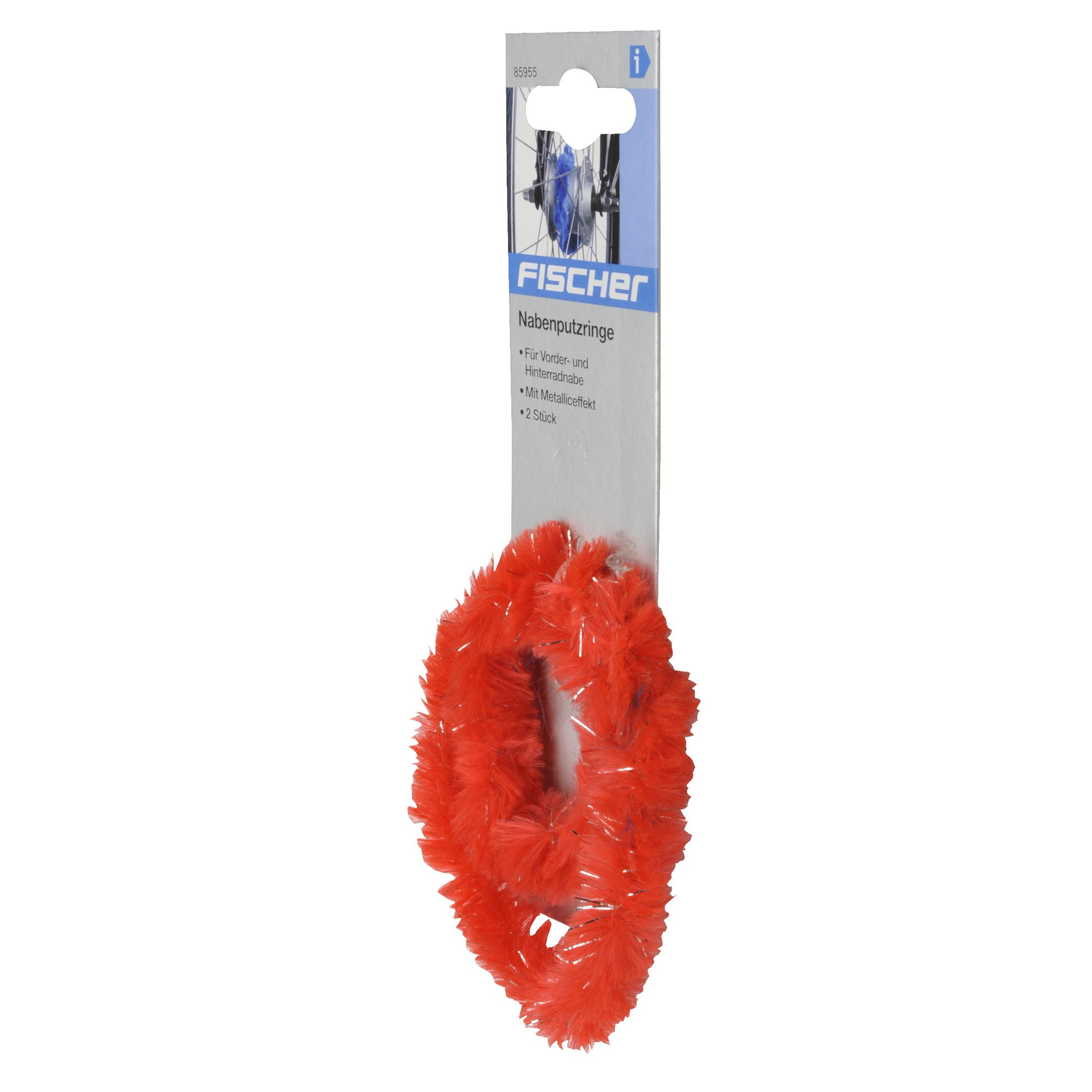 Oranger, flauschiger Ring, weiße Akzente, FISCHER-Produkt, vor weißem Hintergrund.