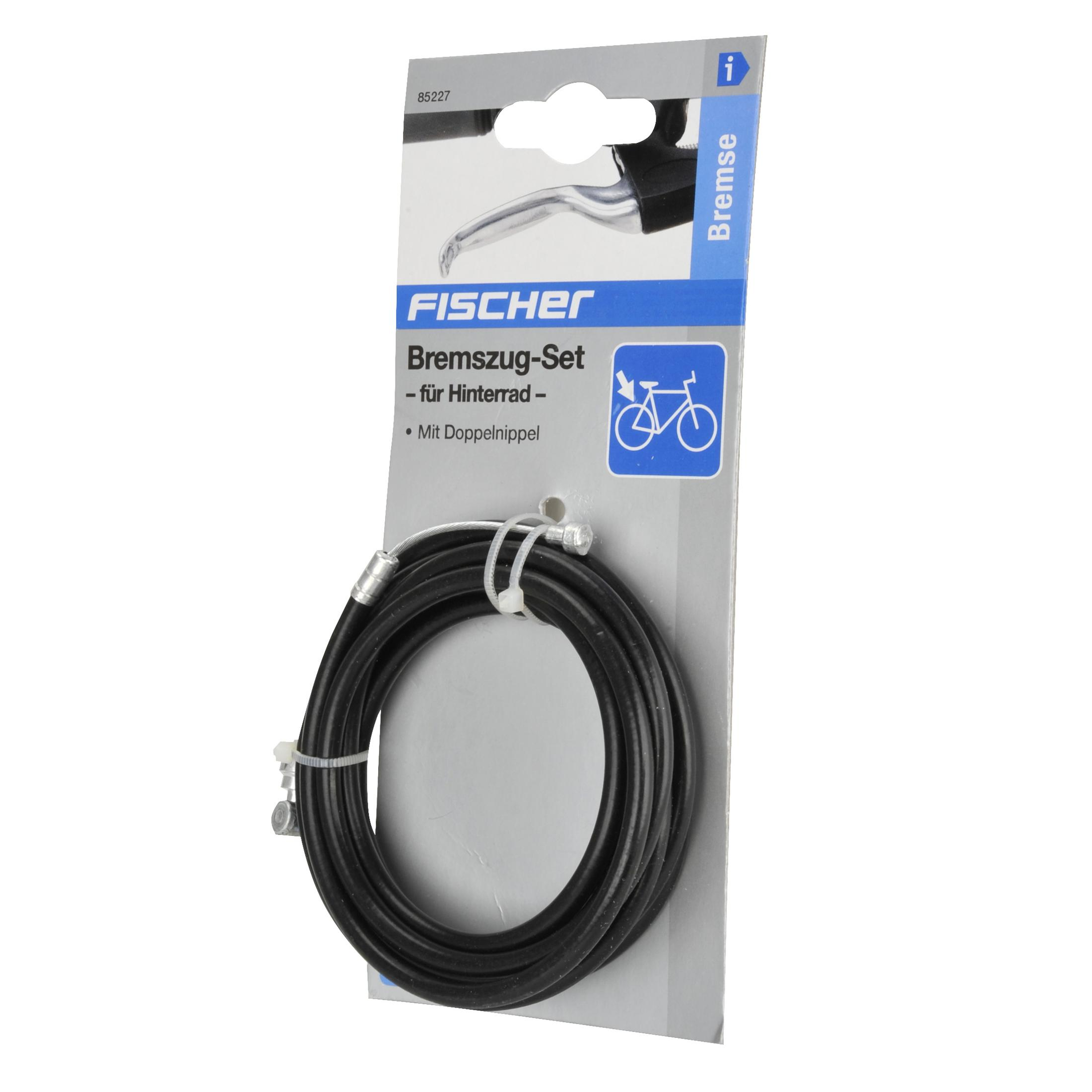 Fahrrad-Bremszug-Set, FISCHER-Branding, auf weißem Hintergrund, mit Verpackung und Diagramm.