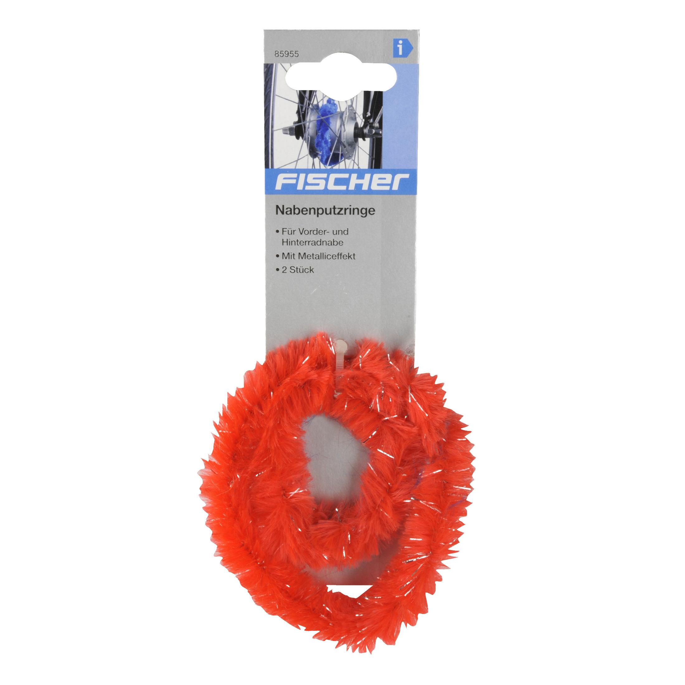 Oranger, flauschiger Ring, weiße Akzente, mit FISCHER-Verpackung, auf weißem Hintergrund.