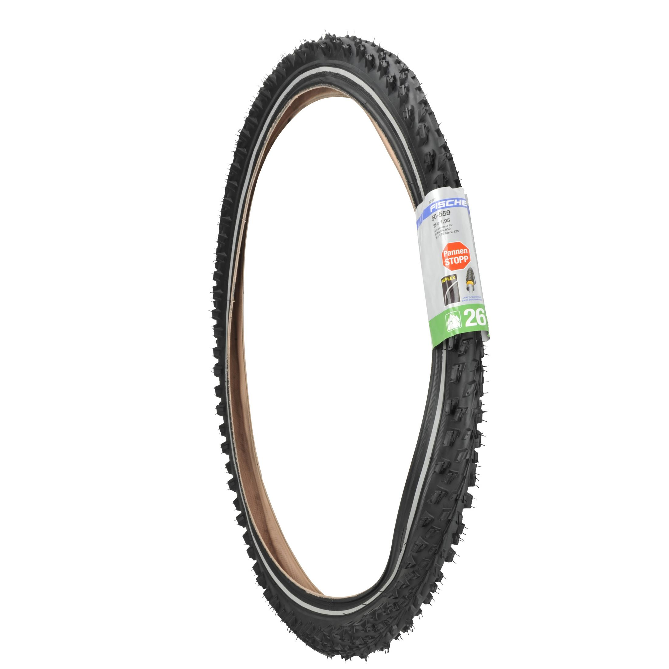 Zakrzywiona opona rowerowa, czarna z bieżnikiem. Białe paski, biała etykieta z tekstem.