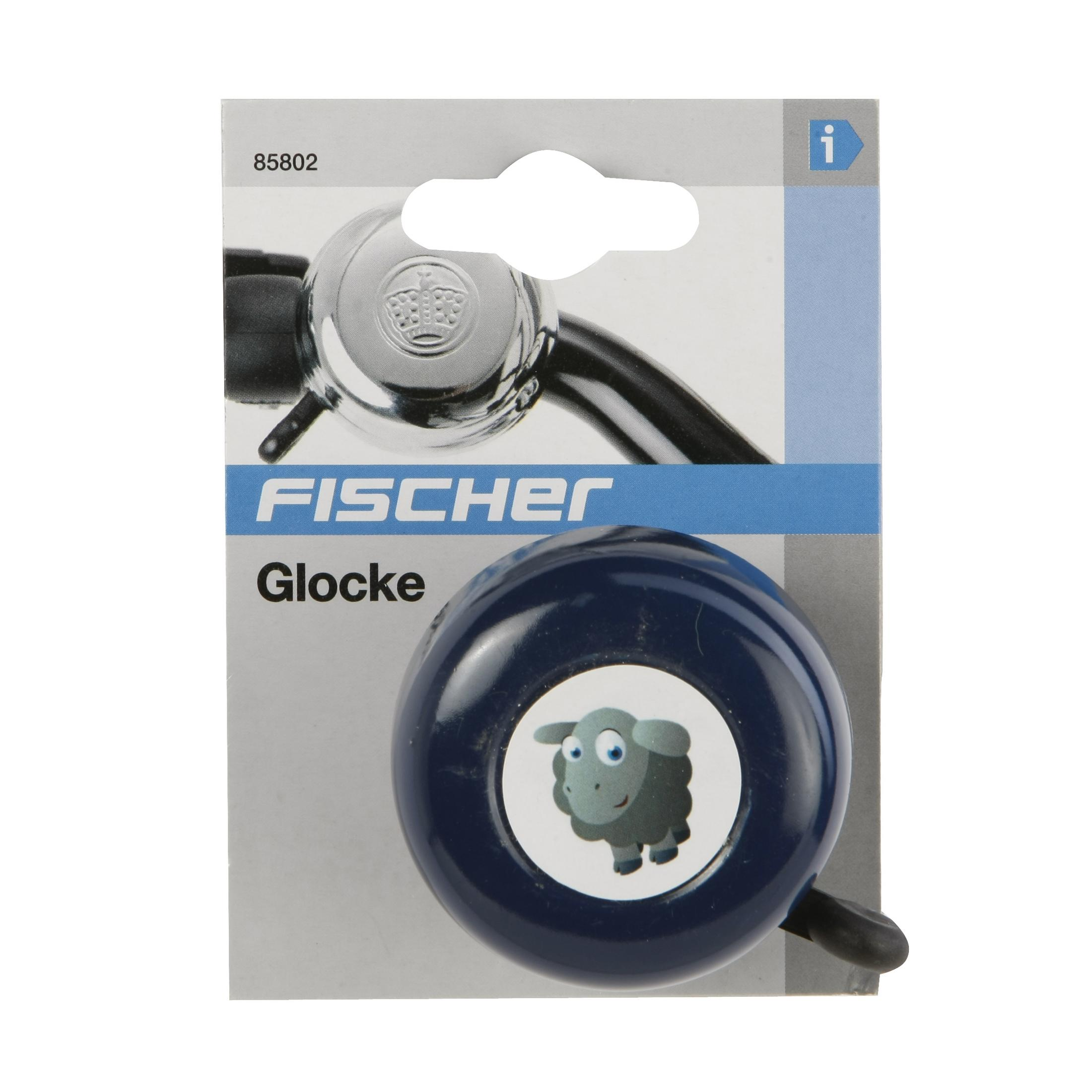 Fahrradklingel in Verpackung. Blaue Klingel mit Schafbild. Schwarzer Griff.