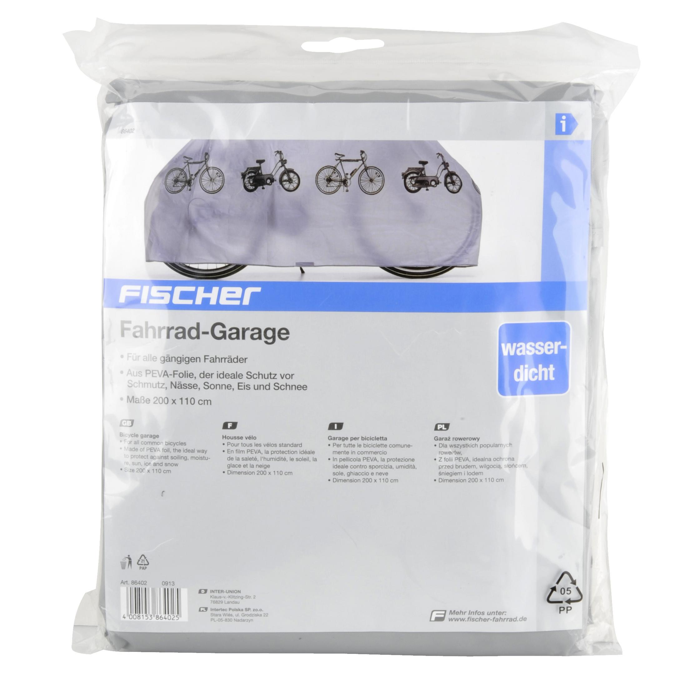 Eine Plastiktüte mit einer Fahrradabdeckung. Die Abdeckung hat Fahrradaufdrucke. Text in mehreren Sprachen.