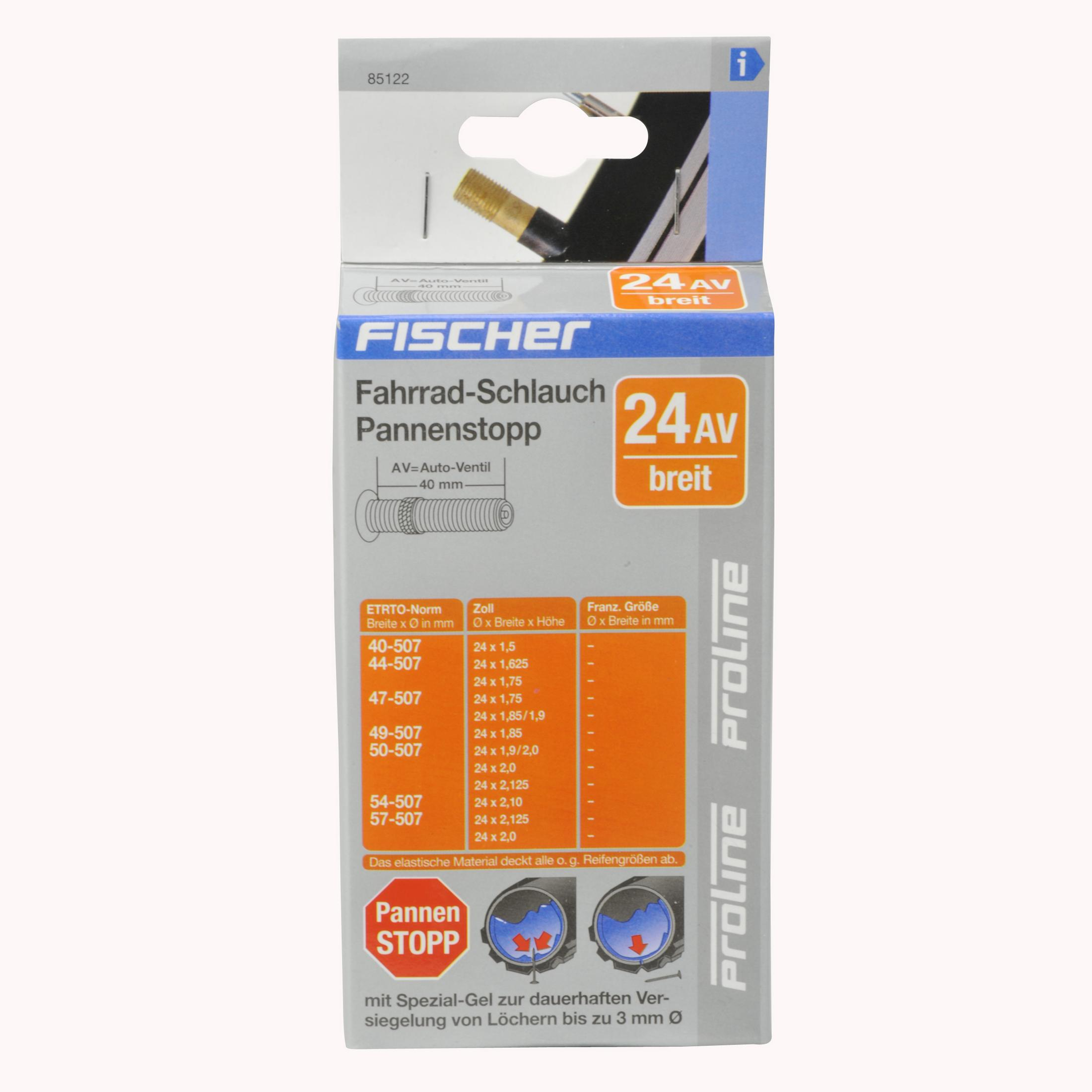 Verpacktes Fahrradreifen-Reparaturset mit Ventil, Produktinformationen und Größenangaben.