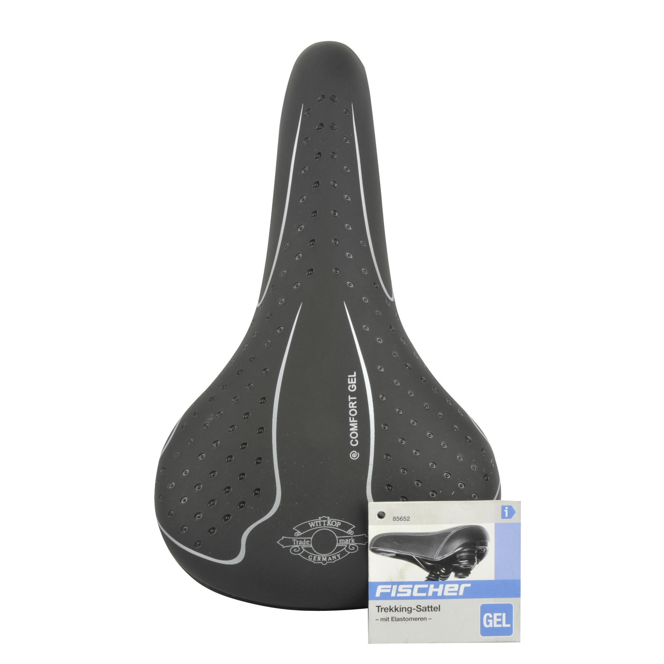 Schwarzer Fahrradsattel mit Etikett. Weißer Hintergrund. Etikett: Comfort Gel, Fischer.