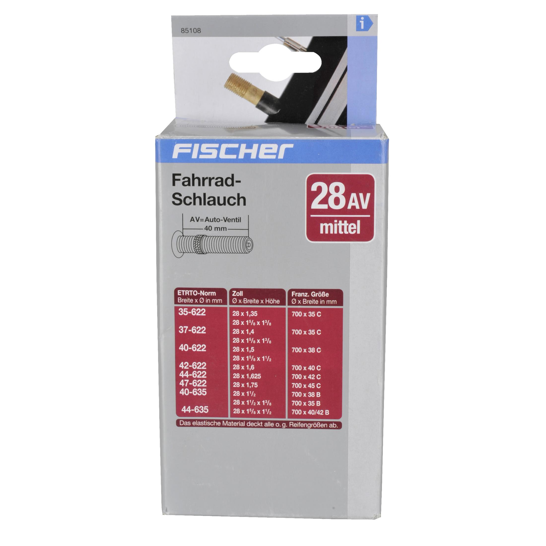 Box mit Fahrrad-Reifen-Reparatur-Set. Text zeigt 'FISCHER', 'Fahrrad-Schlauch'.