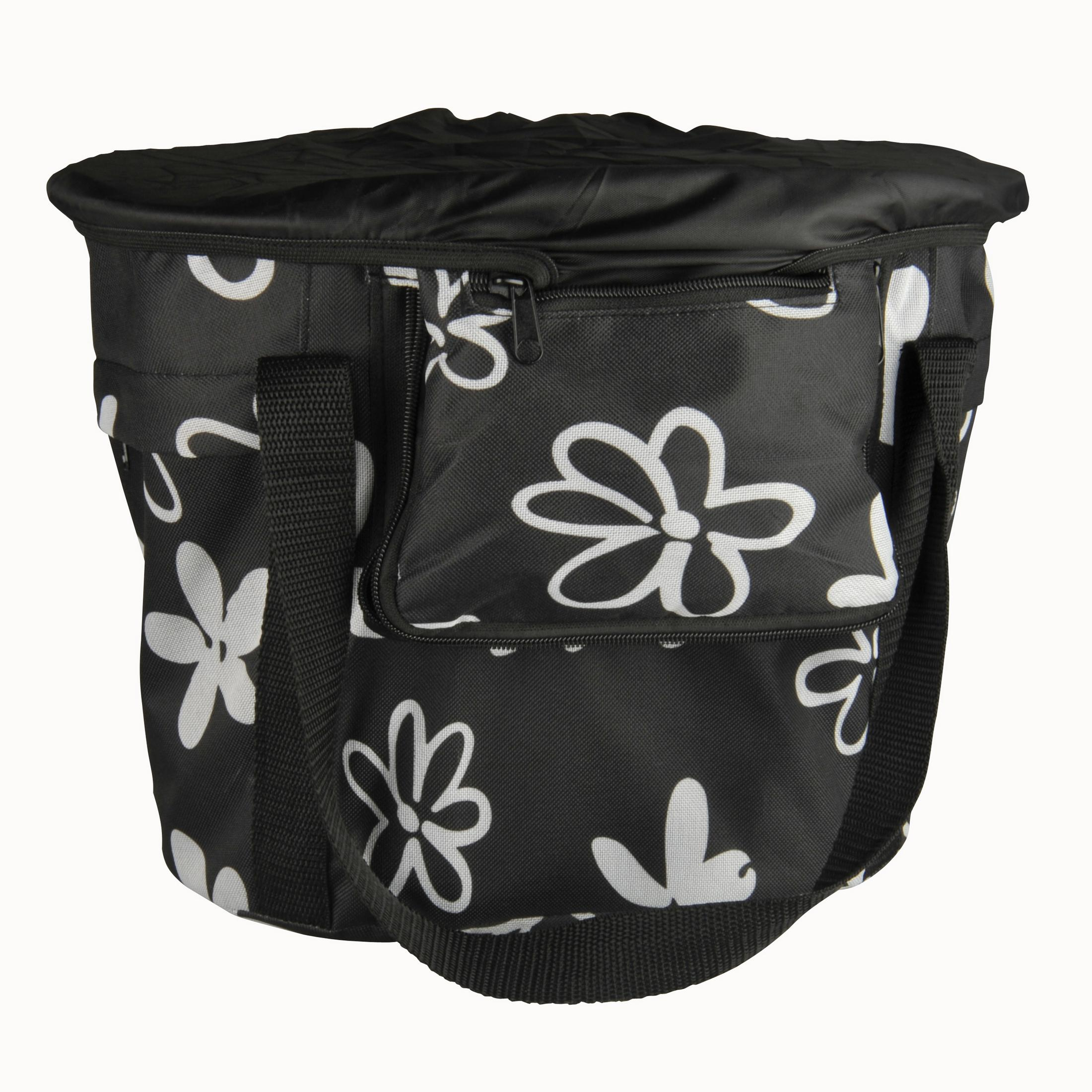 Schwarze Tragetasche mit weißen Blumenmustern, schwarzen Riemen und Reißverschlusstasche.