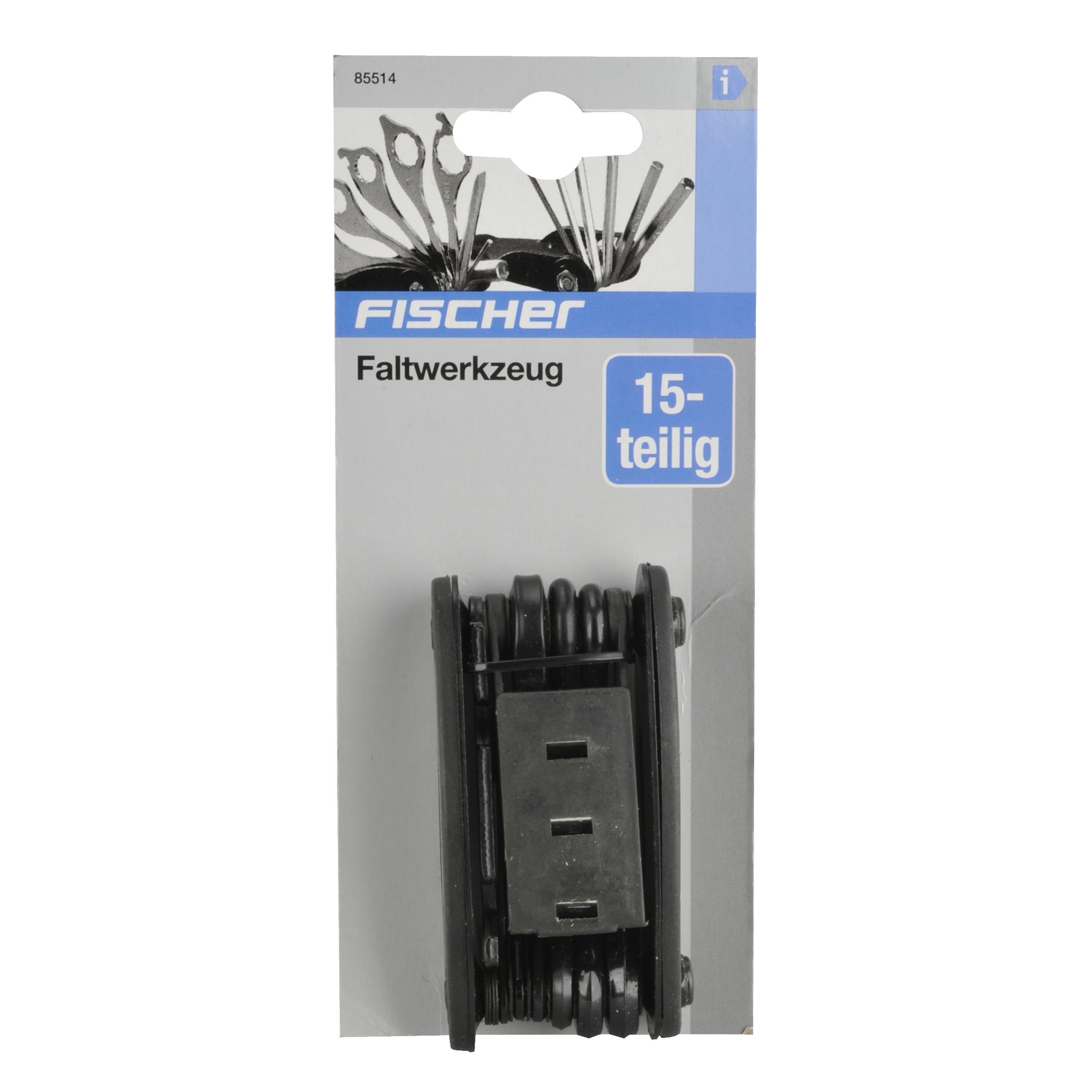 Ein schwarz-silbernes faltbares Multitool in der Verpackung, mit 15 Teilen.