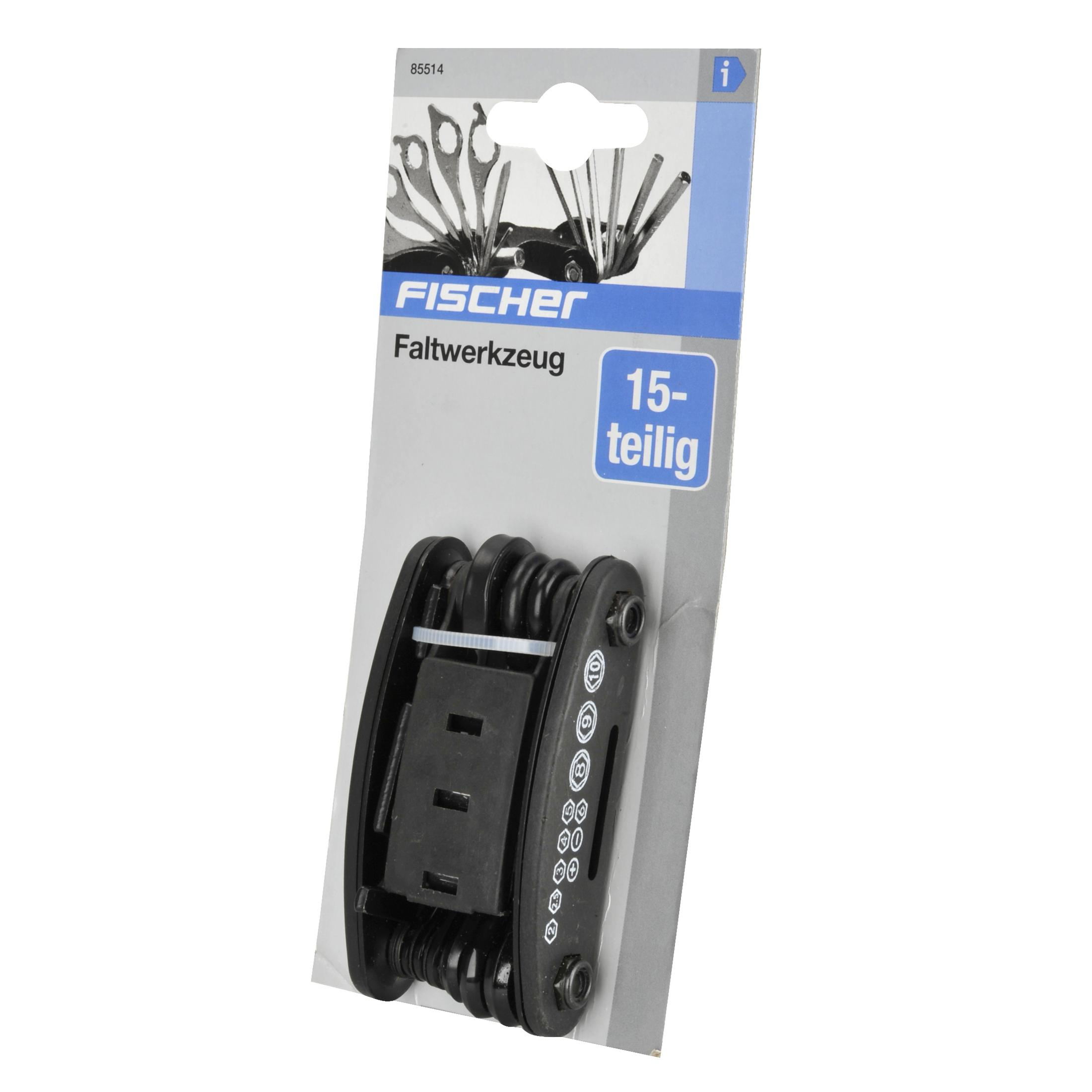 Ein schwarzes Multitool mit Verpackung. Das Paket hat das Fischer-Logo und Informationen.