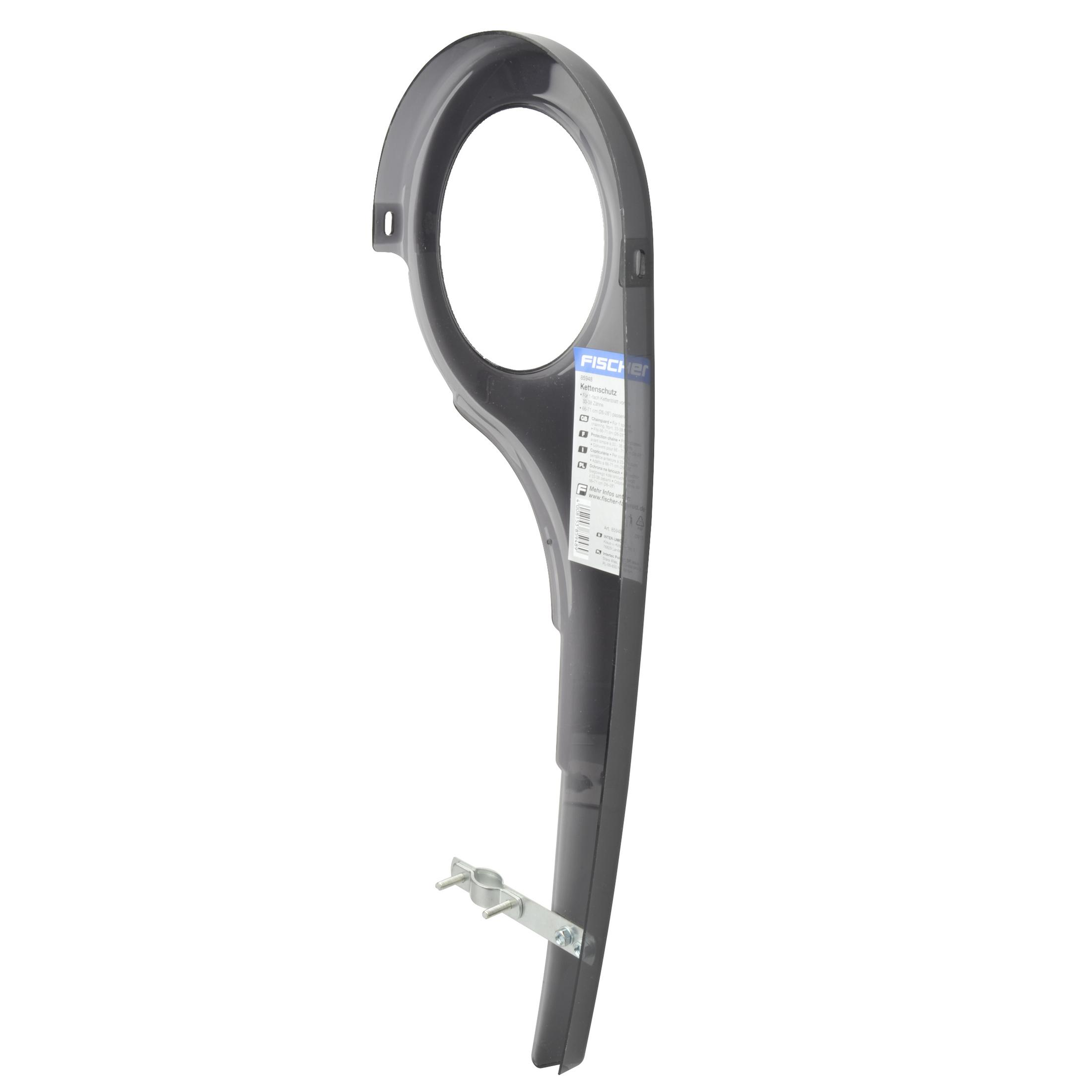 Ein schwarzer Fahrradkettenschutz aus Kunststoff mit Halterung.