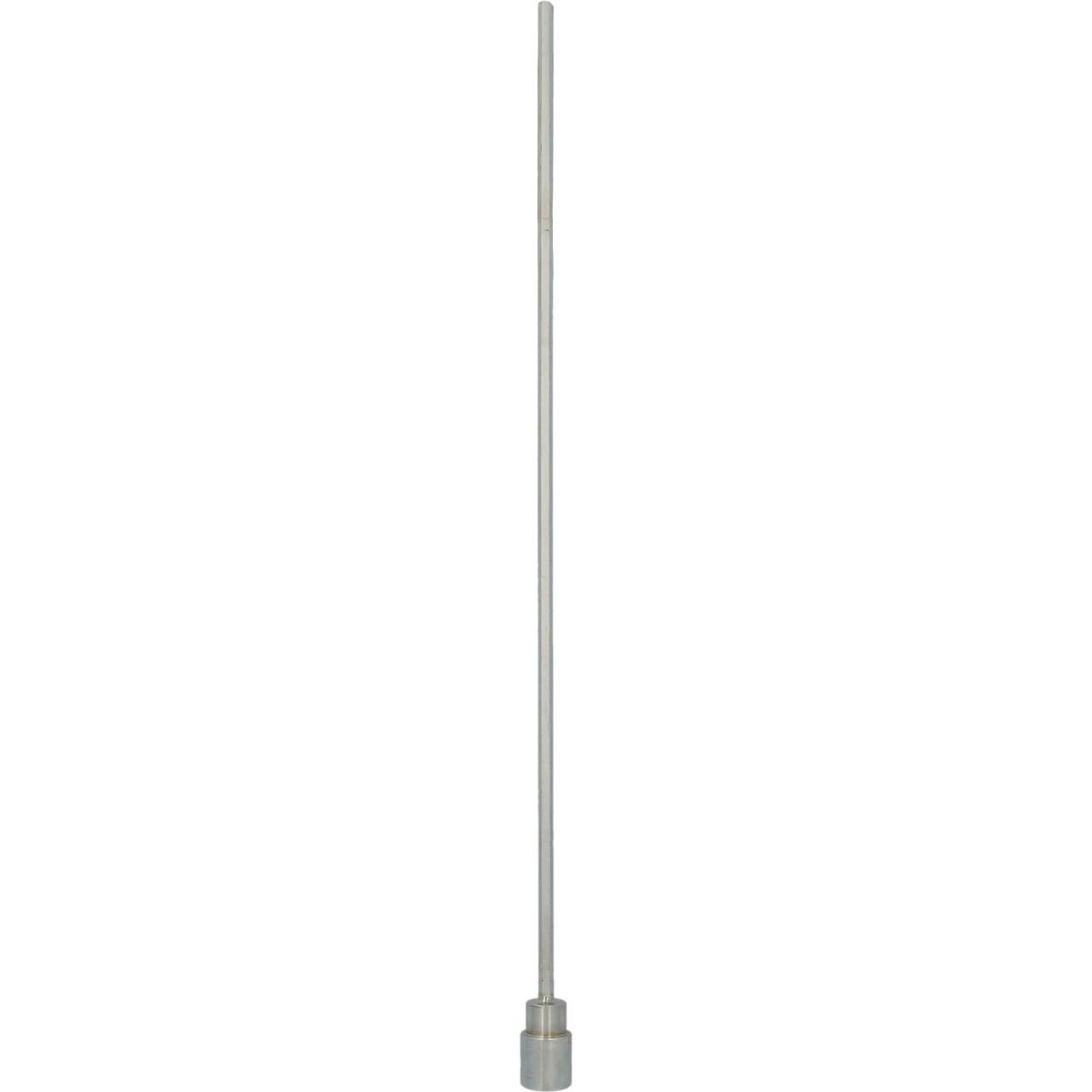 Eine lange, schlanke silberne Metallstange mit einer kleinen, zylindrischen Basis. Die Stange erstreckt sich vertikal.