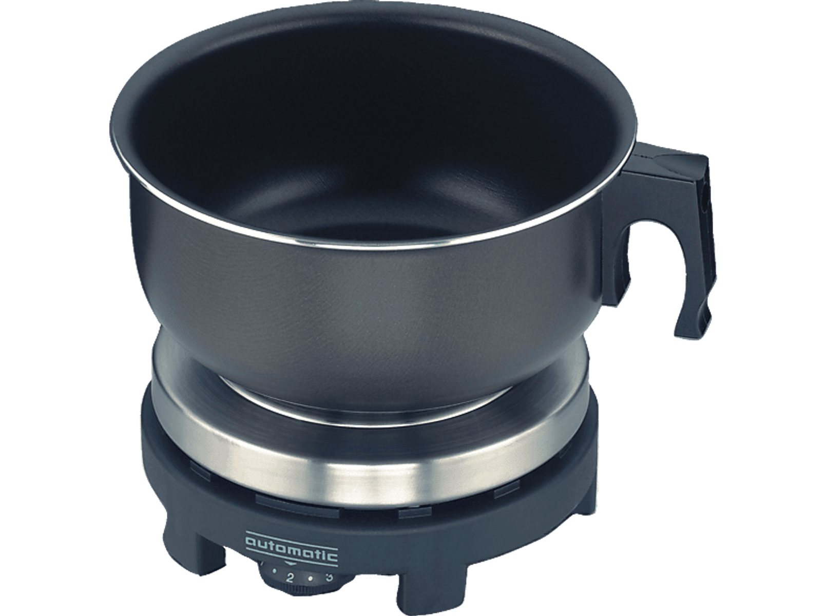 Un caquelon à fondue noir avec une poignée sur une base électrique noire et argentée, fond blanc.