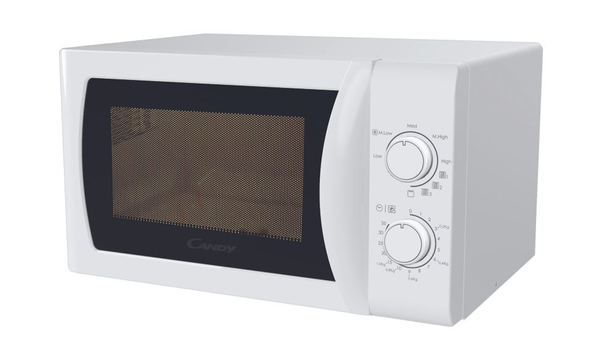 Forno a microonde bianco con porta in vetro scuro e manopole.