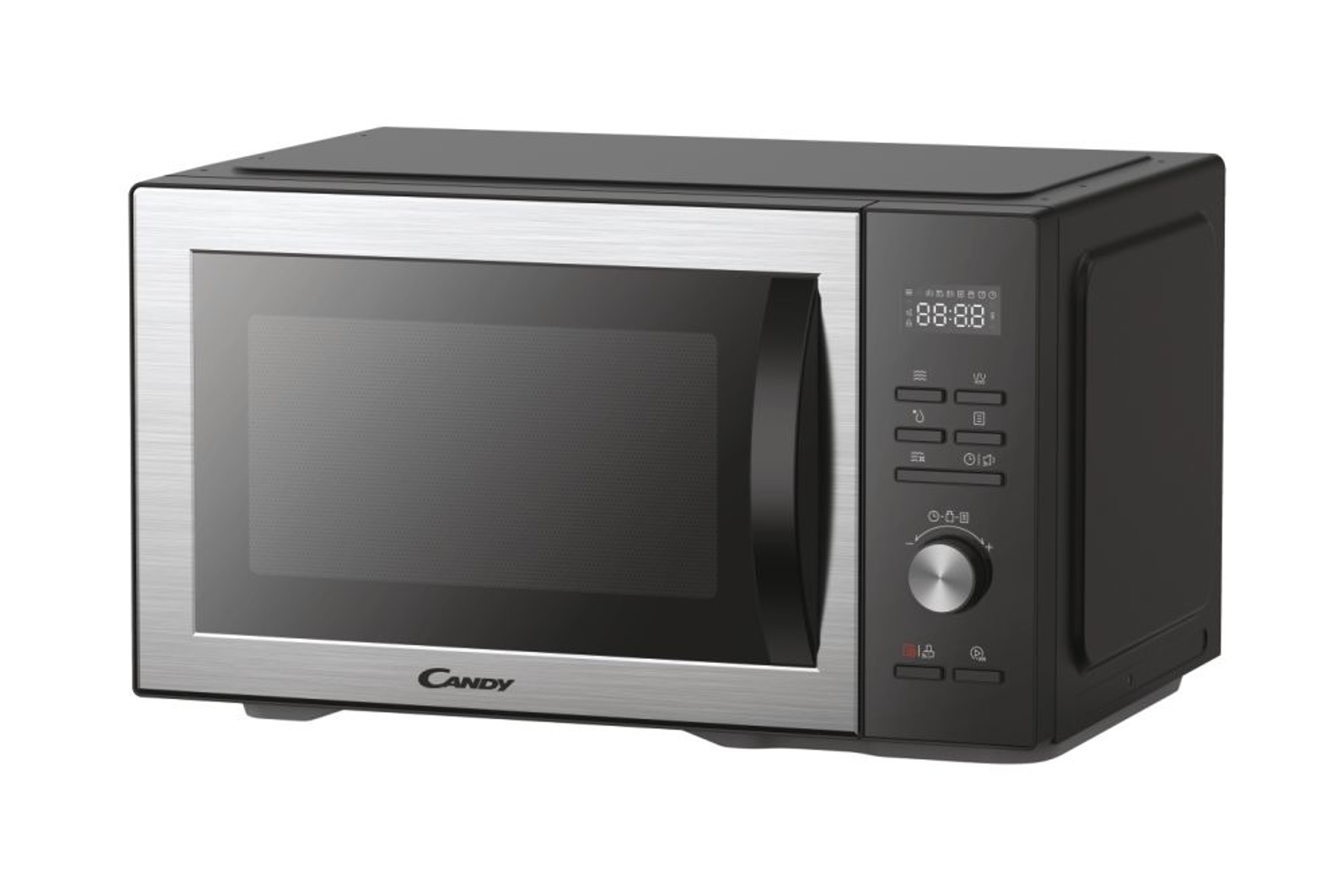 Srebrno-czarna kuchenka mikrofalowa z wyświetlaczem cyfrowym i panelem sterowania. Widoczne logo Candy.