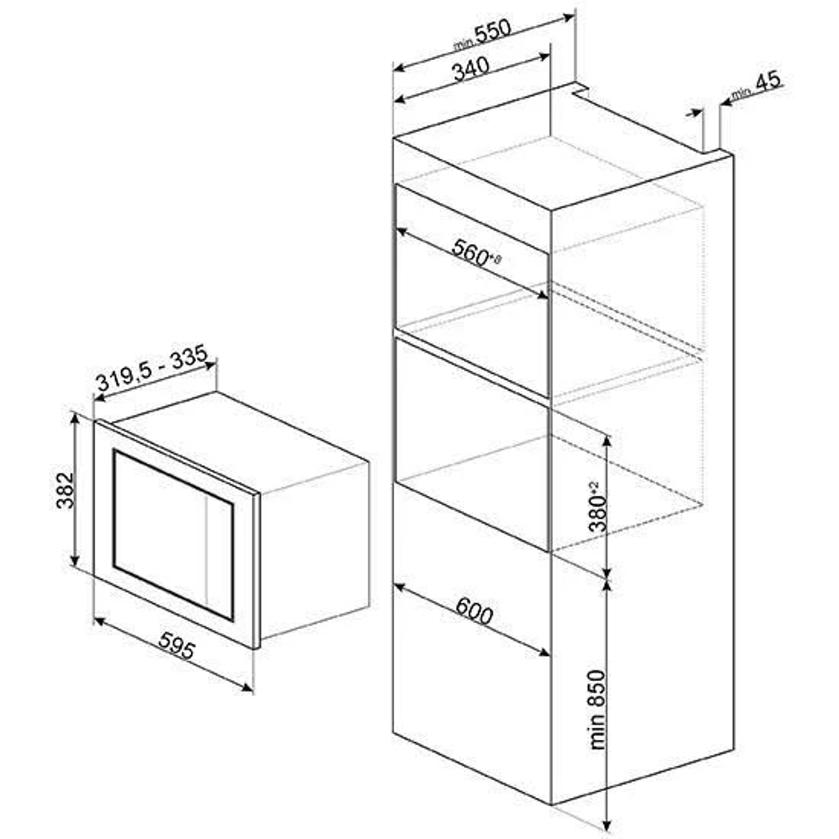 Schemat wbudowanego piekarnika mikrofalowego. Pokazano wymiary i wymiary. Białe tło.