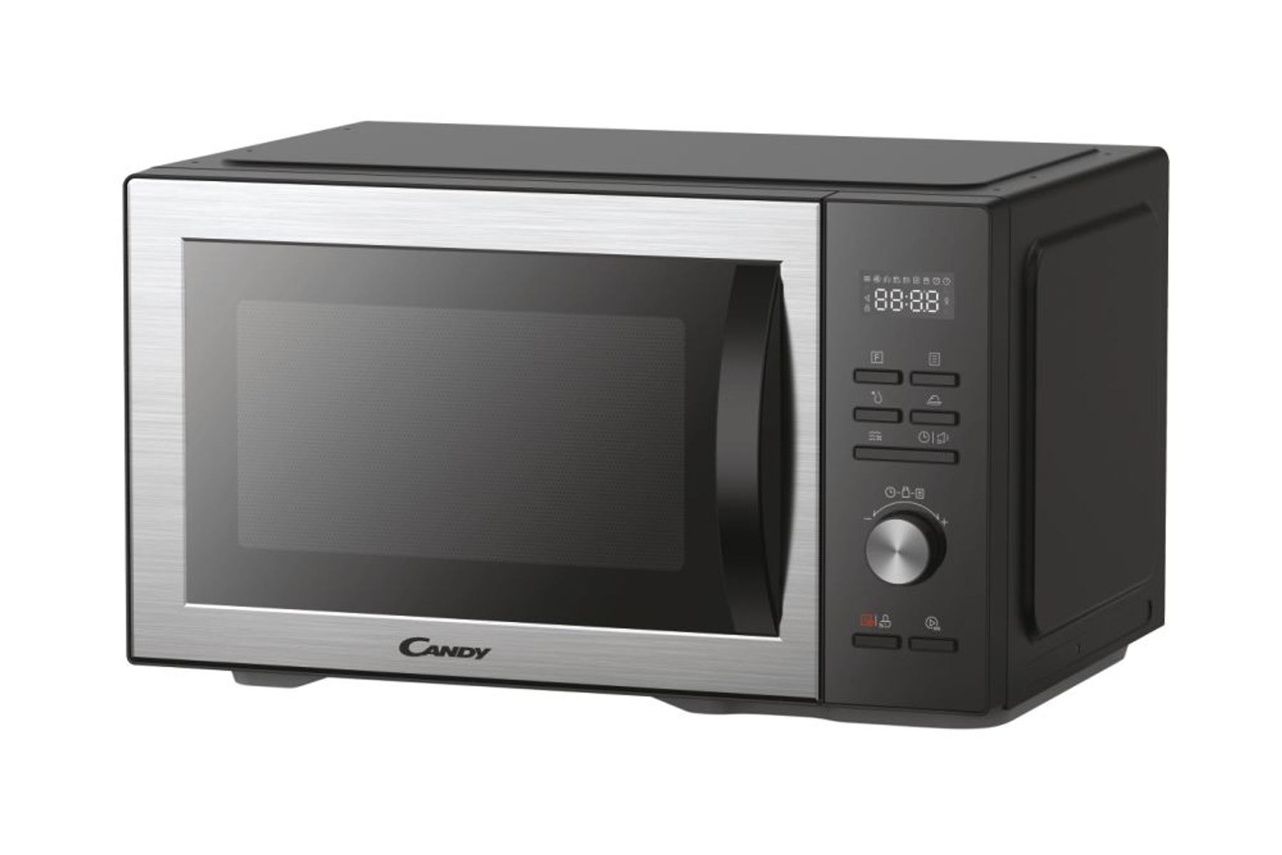 Nowoczesna czarno-srebrna kuchenka mikrofalowa z wyświetlaczem cyfrowym.