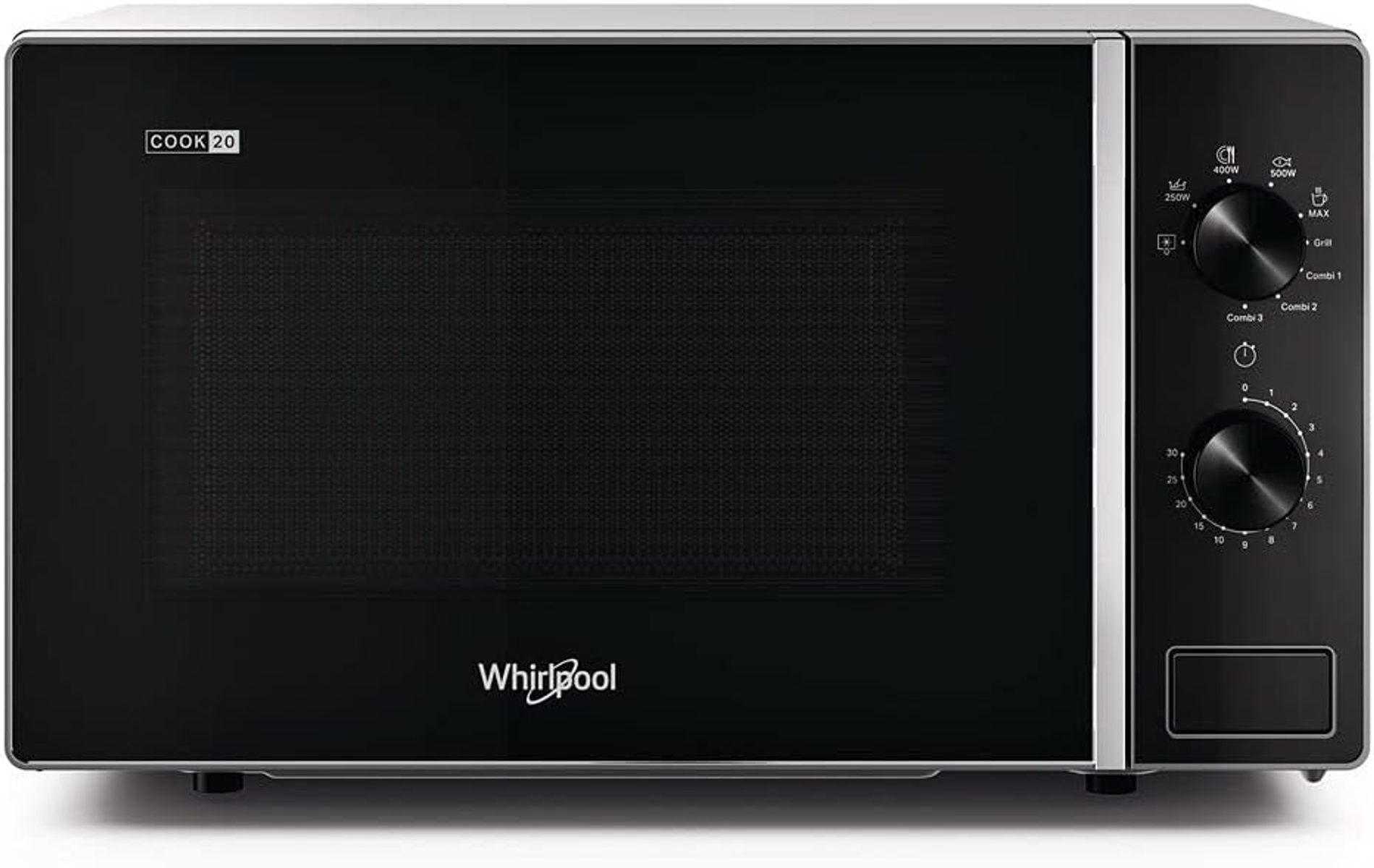 Microondas negro con panel de control a la derecha. La marca 'Whirlpool' es visible.