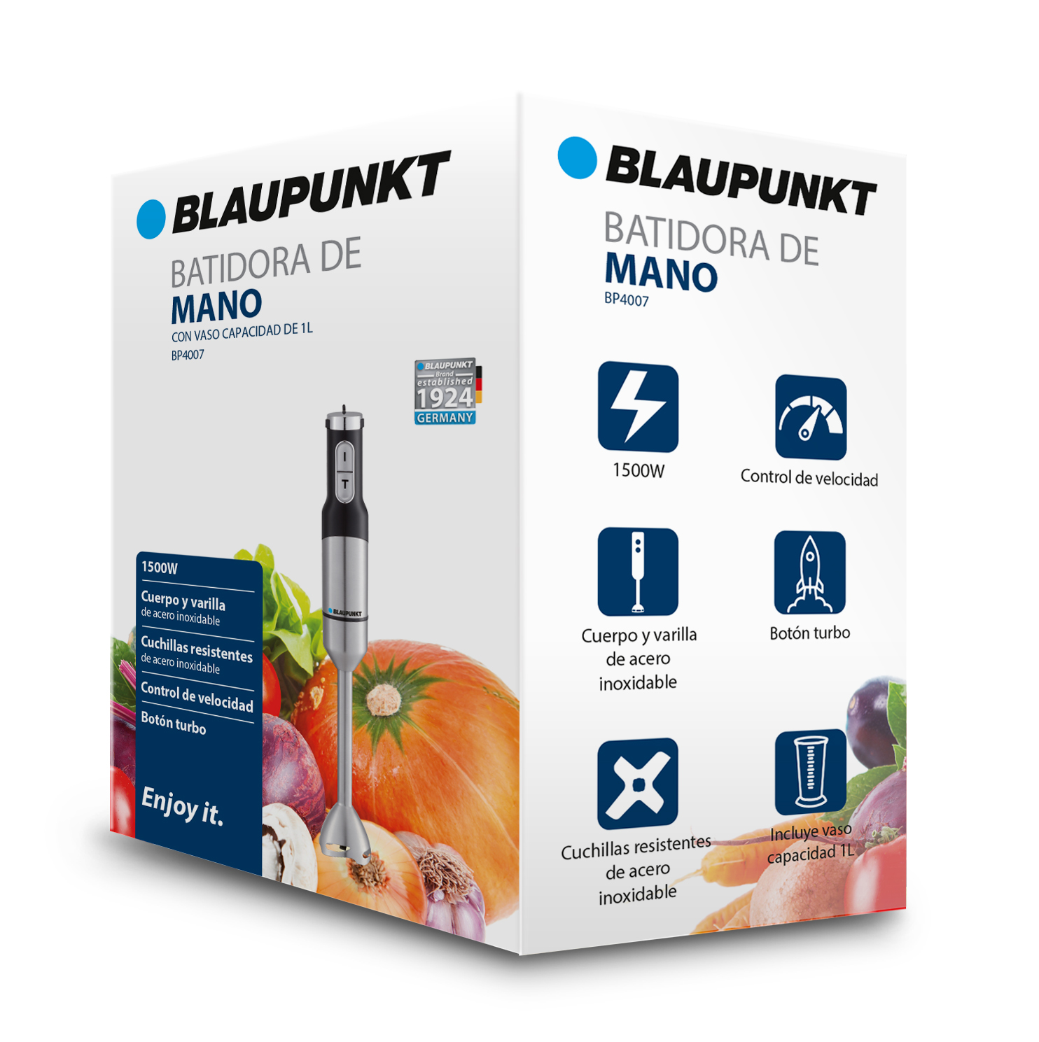 Scatola frullatore a immersione Blaupunkt con dettagli del prodotto, verdure e frutta.