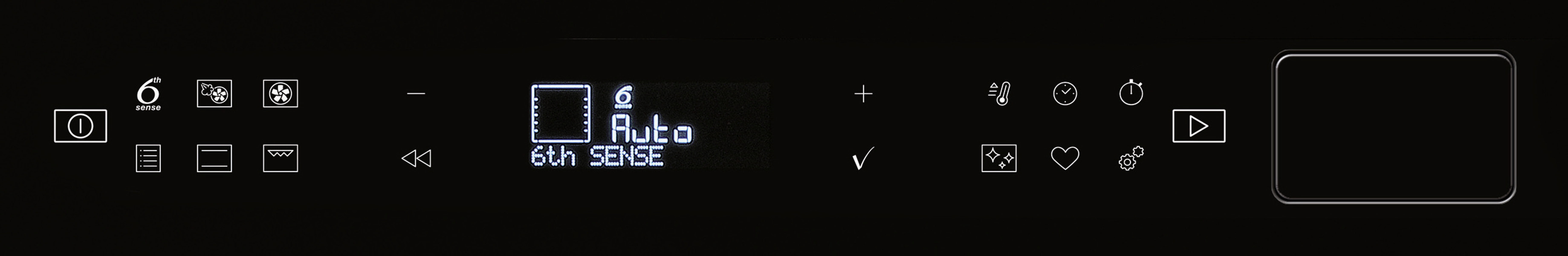 Un panel de control negro con botones y pantalla 6th Sense, probablemente para un electrodoméstico.