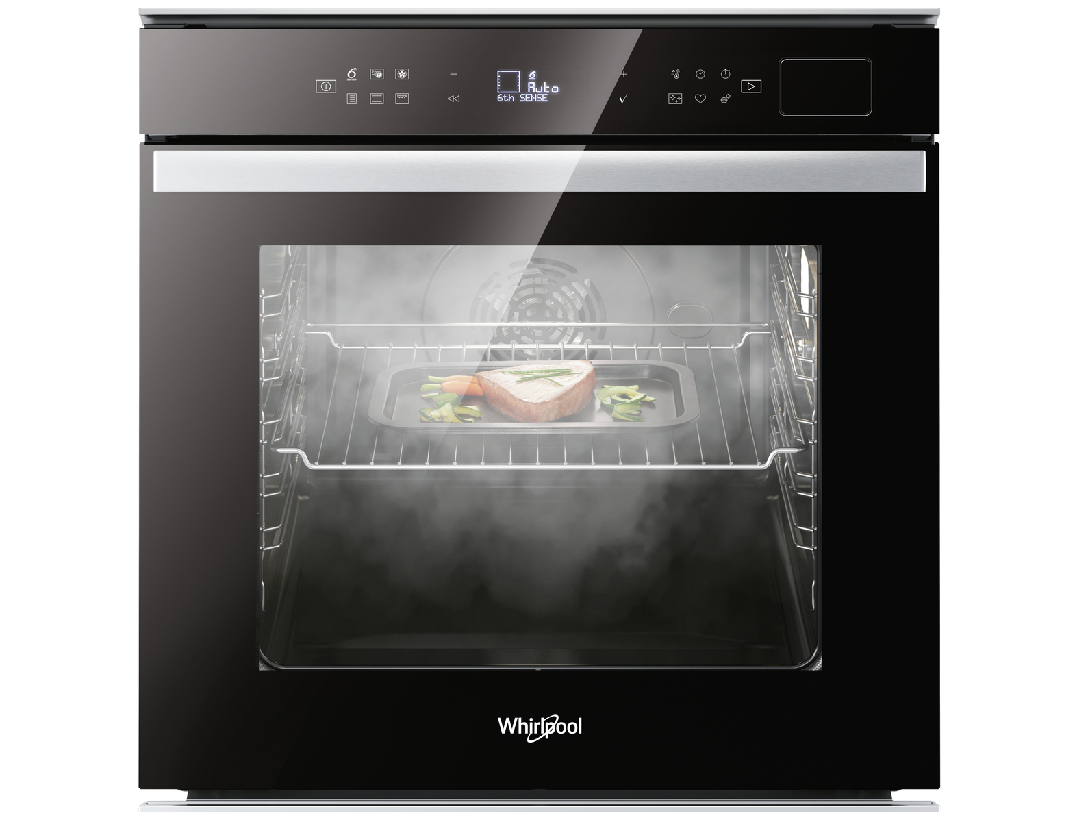 Horno Whirlpool negro con comida dentro. Vapor visible. Puerta de cristal. Fondo blanco.