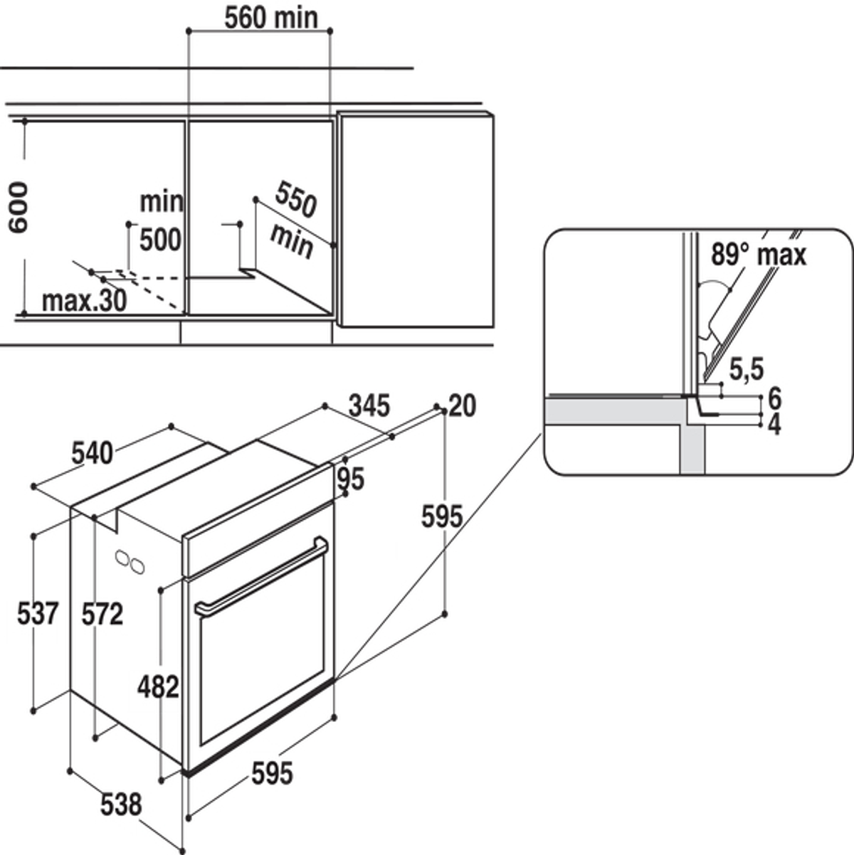 Diagrama de un horno con dimensiones y un detalle de cerca.