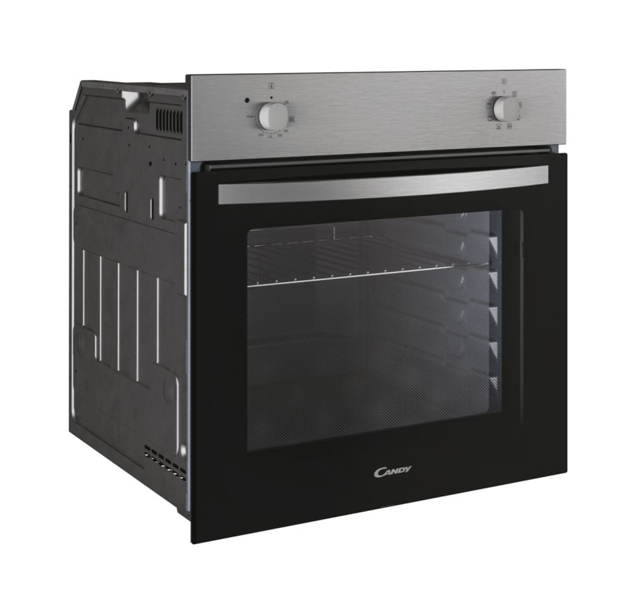 Forno Candy argento e nero con porta a vetro, manopole e piano in acciaio inox.
