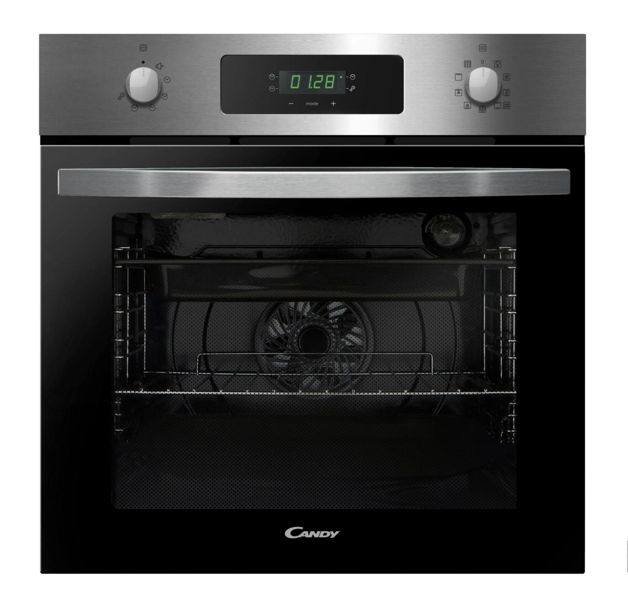 Horno plateado y negro. Pantalla digital y logotipo de Candy.
