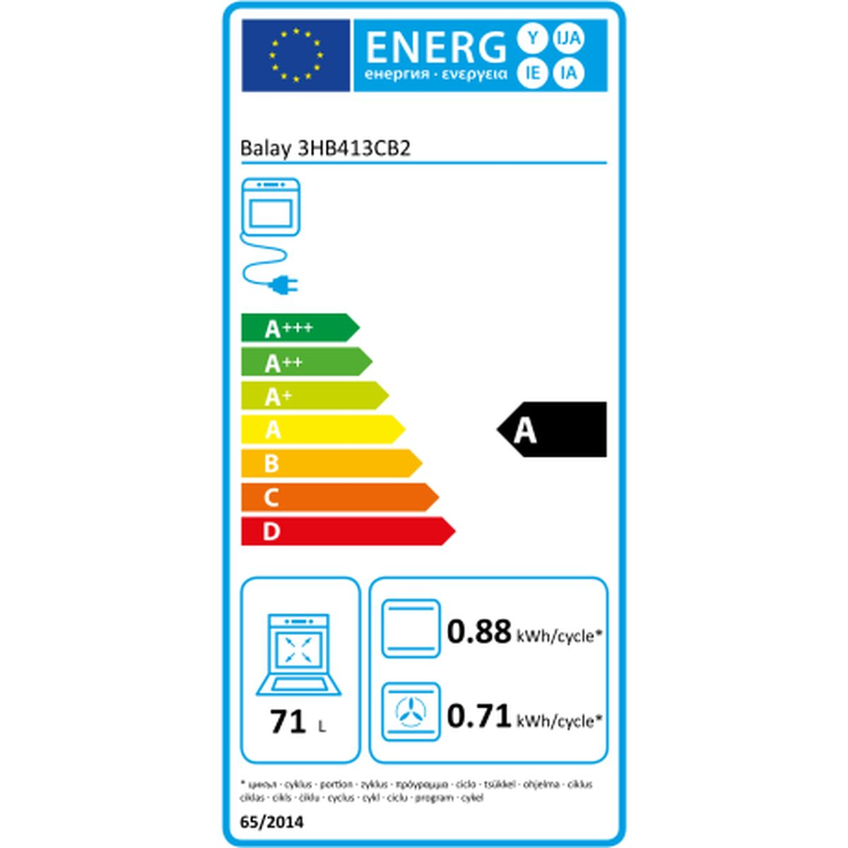 Etiqueta energética para un horno Balay. Muestra la eficiencia energética y detalles de consumo.