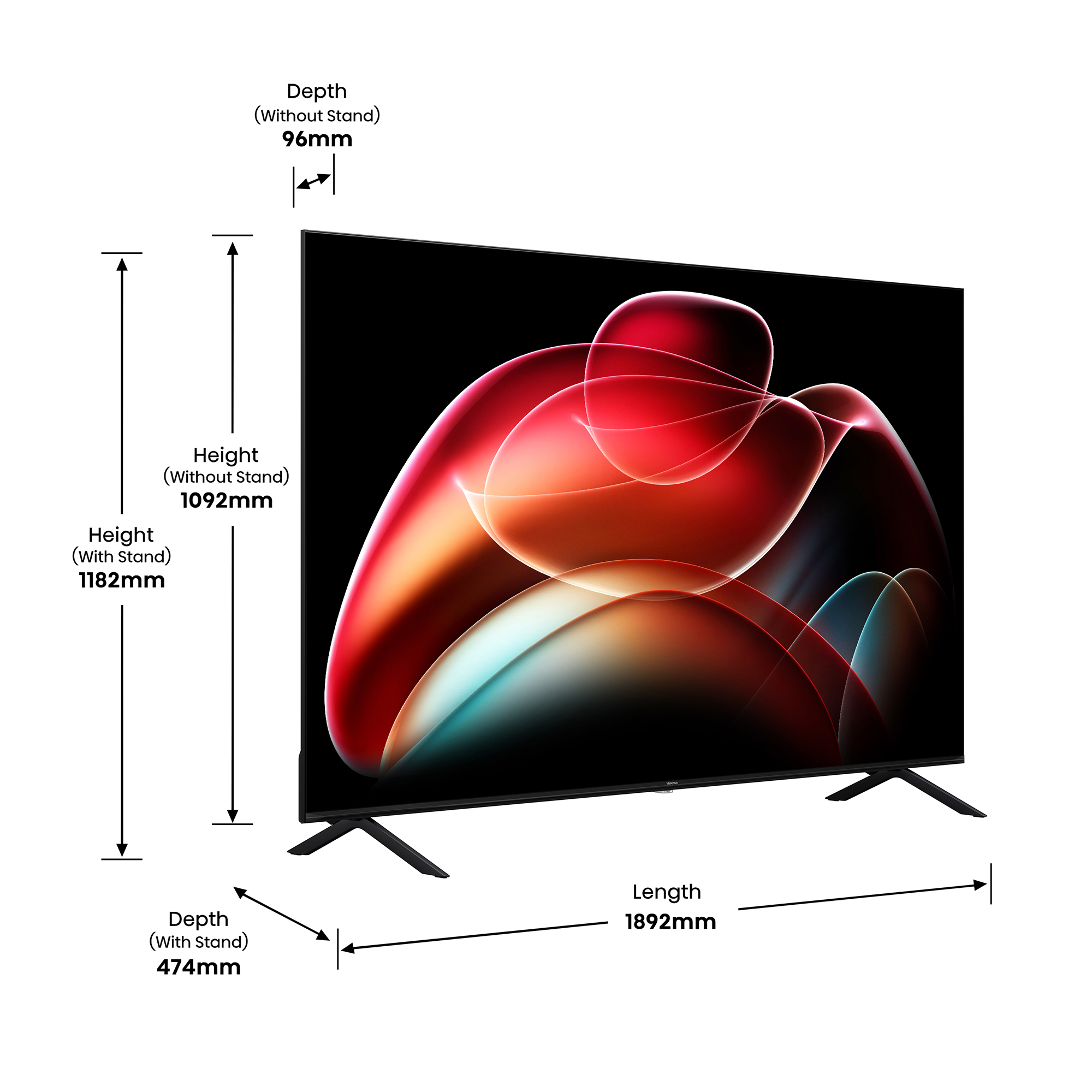 Ein großer schwarzer Fernseher mit Maßangaben: Höhe, Tiefe und Länge.