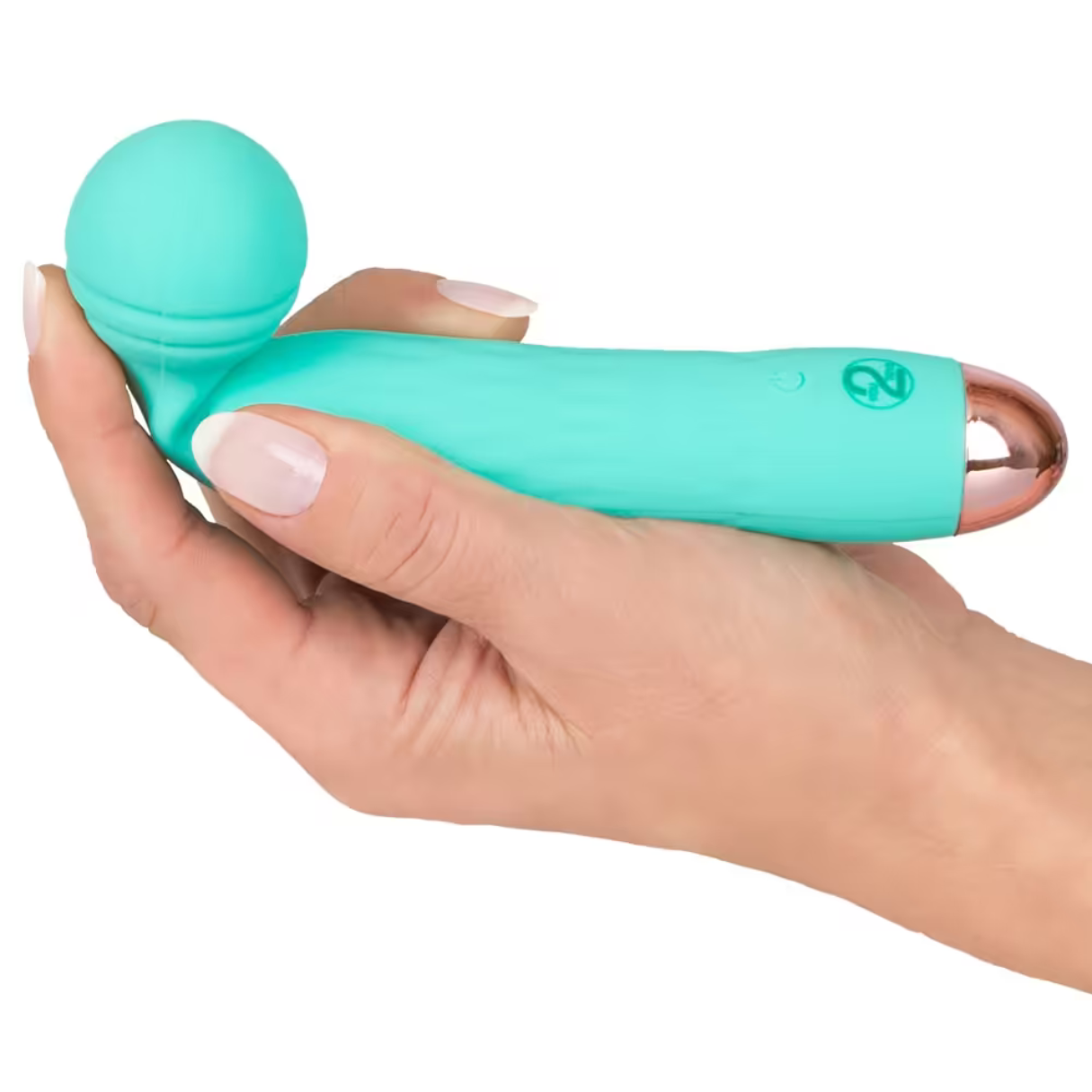 Eine Hand hält einen türkisfarbenen Vibrator mit rosa Spitze, vor weißem Hintergrund.