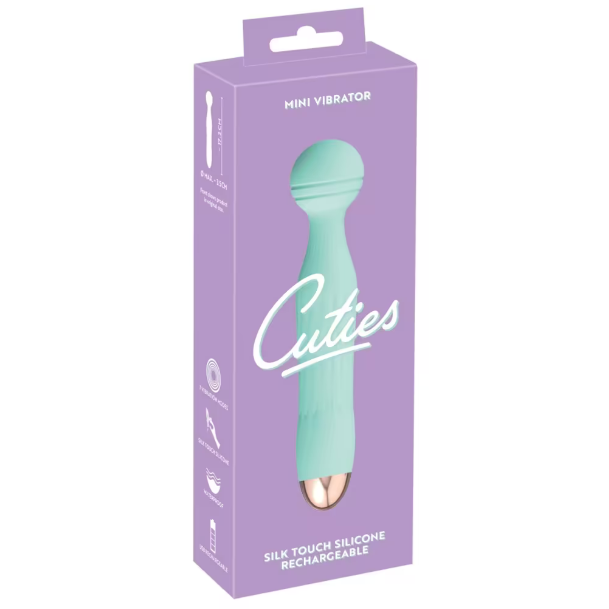 Eine Produktbox für einen Mini-Vibrator mit der Aufschrift "Cuties", in einem lila und mintgrünen Farbschema.