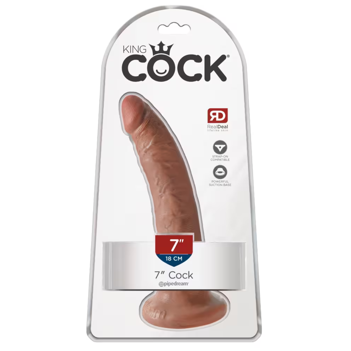 Ein brauner Dildo in einer durchsichtigen Plastikverpackung. Die Verpackung trägt den Markennamen 'King Cock'.