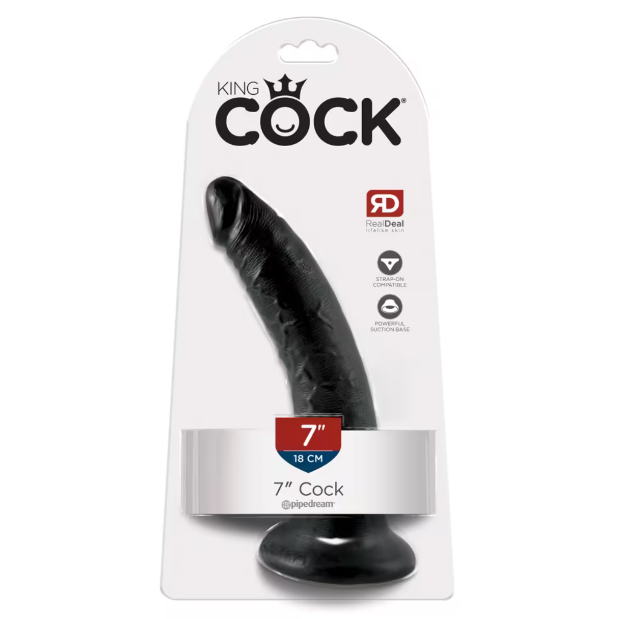 Schwarzer Dildo in Verpackung, mit RealDeal Aufkleber und Produktinformationen.