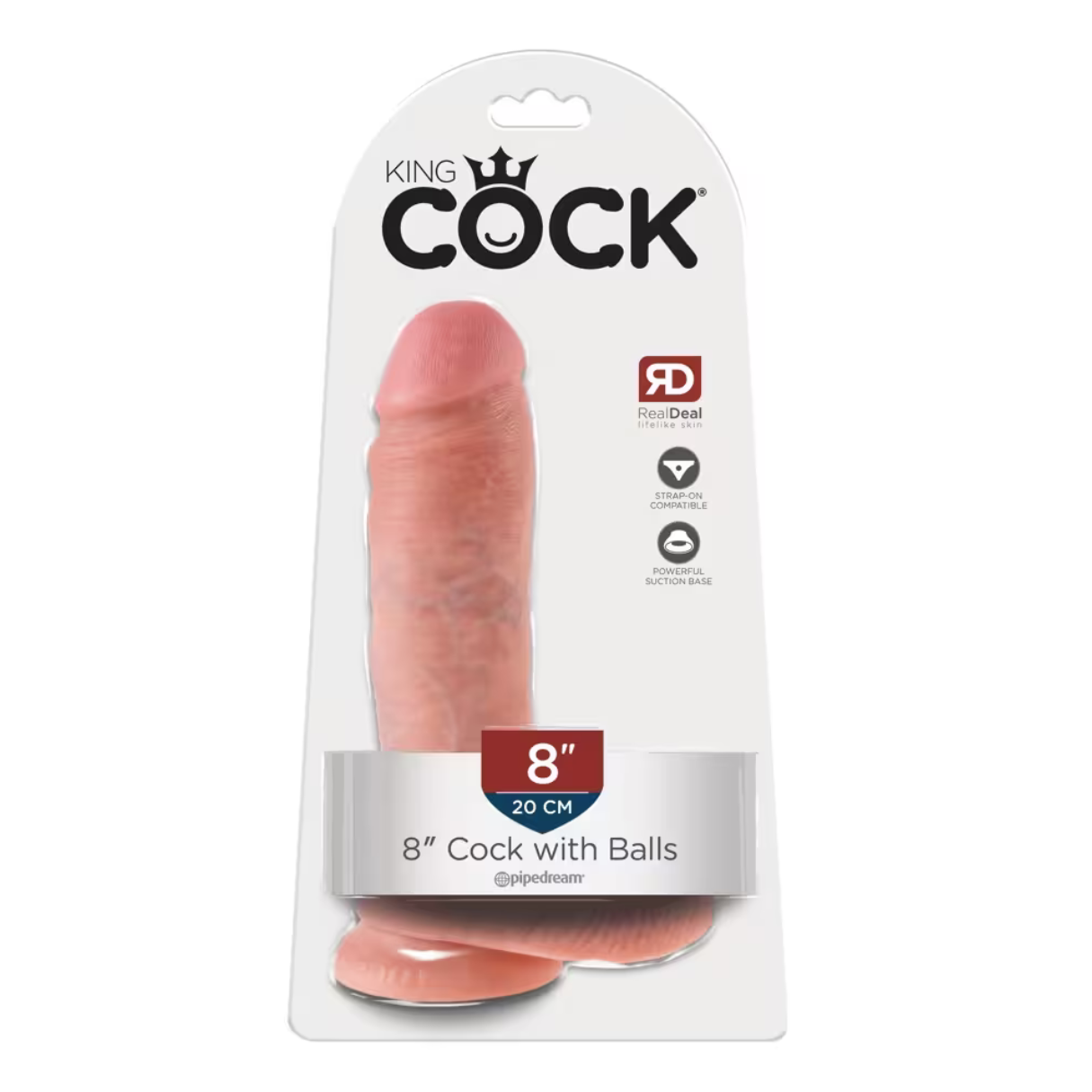 Ein pinkfarbener Dildo in einer Verpackung mit der Aufschrift 'King Cock', '8" Cock with Balls'. Die Verpackung enthält Produktdetails und Logos.