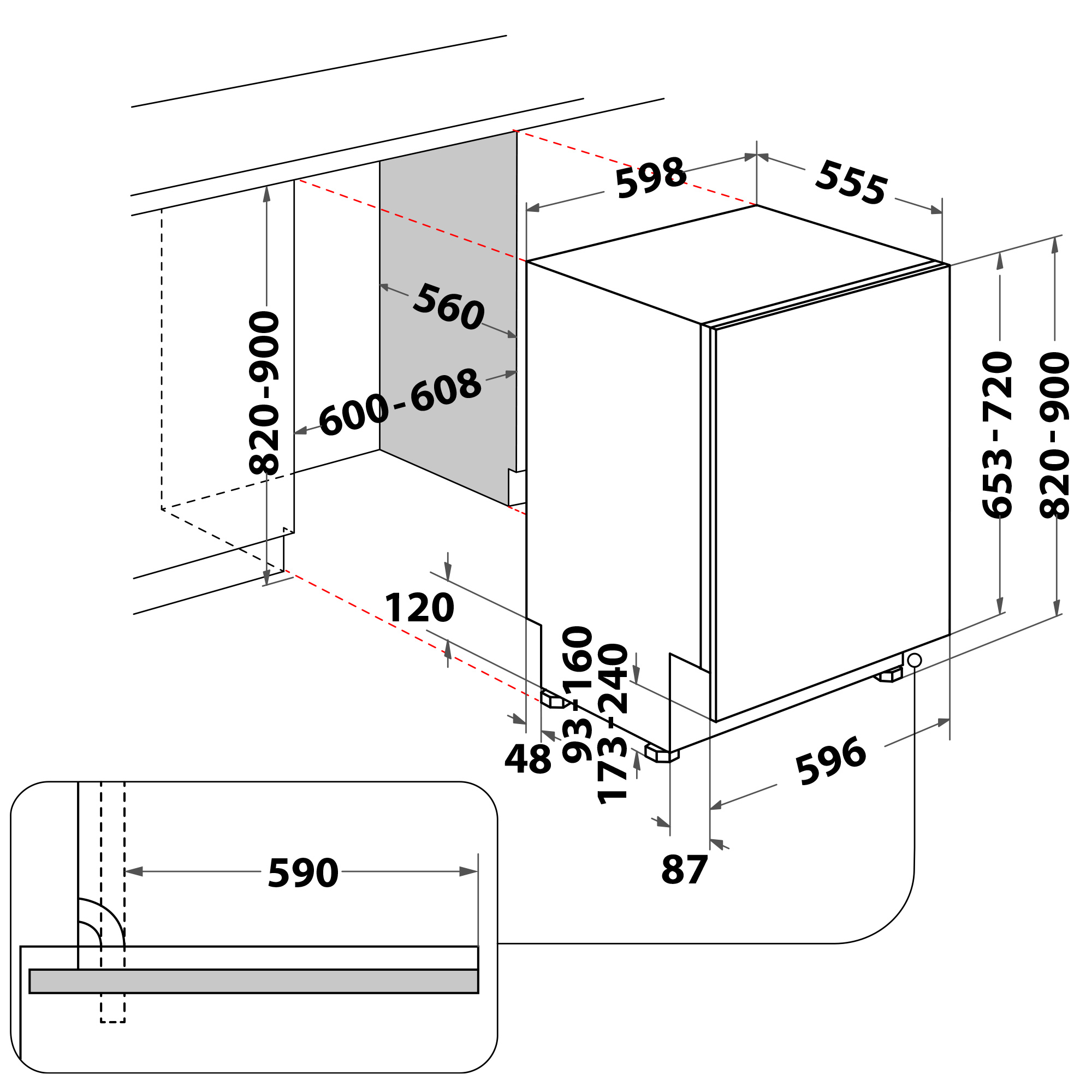 Diagramm eines Geschirrspülers mit Maßen und einem Inset-Detail der Wasserversorgung.