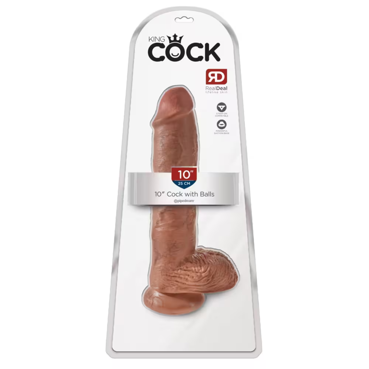 Ein brauner Dildo in einer transparenten Plastikverpackung. Die Verpackung trägt die Aufschrift "King Cock", "RealDeal" und "10" Cock with Balls".