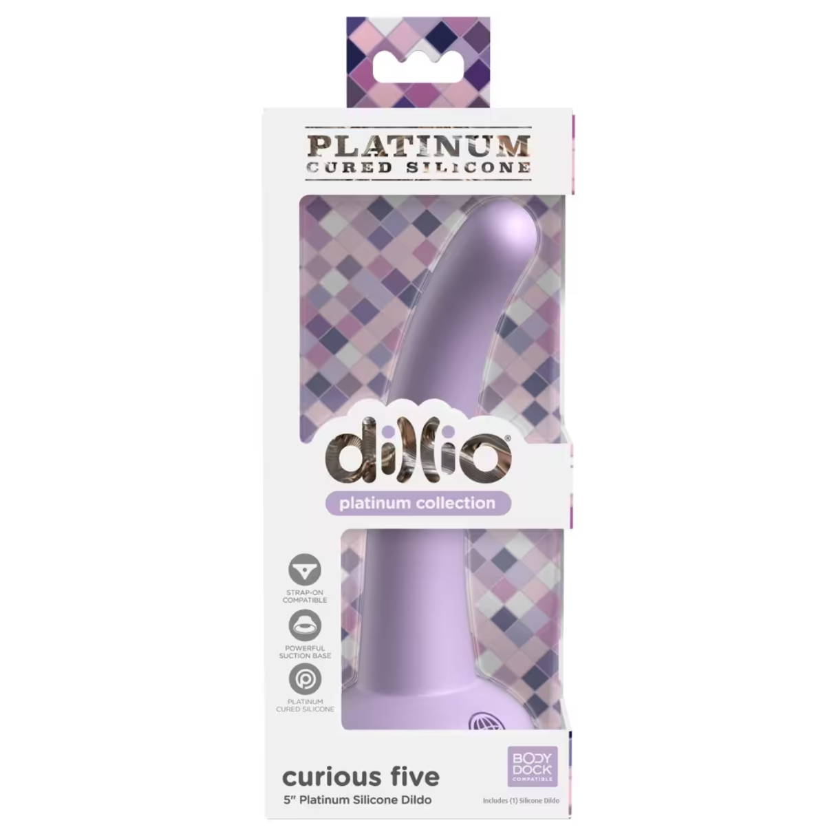 Ein Dildo in einer Box. Die Box ist lila und weiß. Der Dildo ist lila. Der Text auf der Box ist sichtbar.
