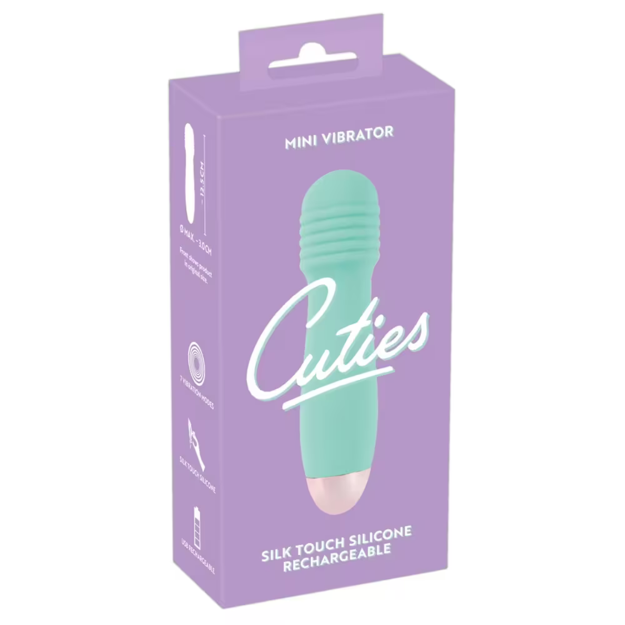 Eine Schachtel für einen Mini-Vibrator in Mintgrün und Pink, mit Text und Bildern.