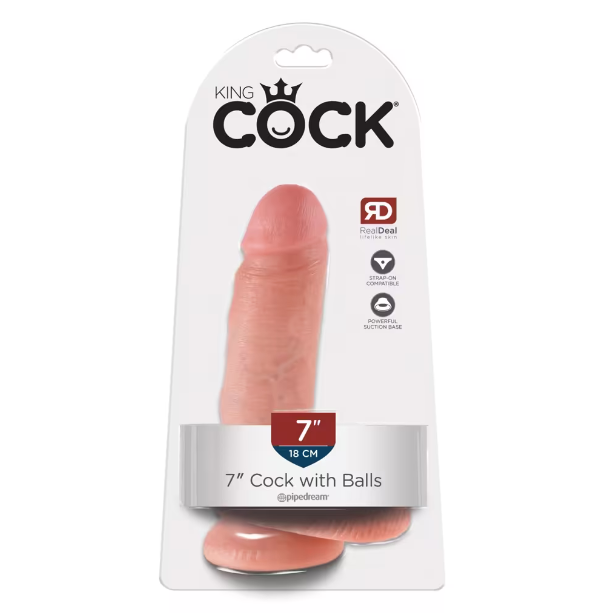 Ein rosa Dildo in einer Verpackung. Die Verpackung trägt den Markennamen 'King Cock' und Text zu Größe und Merkmalen.