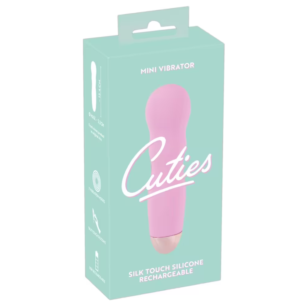 Rosa Vibrator in einer Box. Die Box ist türkis mit Text darauf.