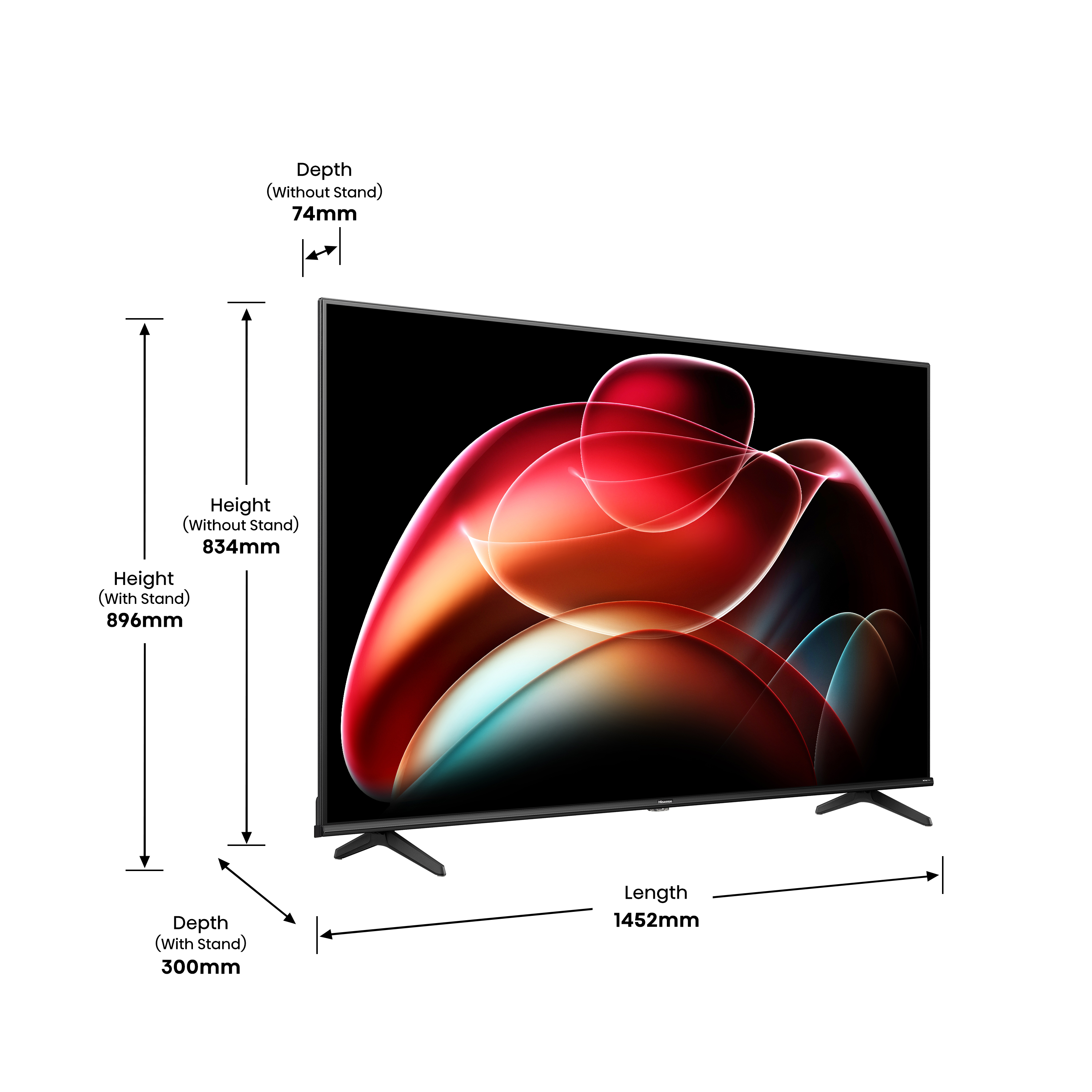 Ein großer Fernseher mit Maßen. Der Fernseher hat einen schwarzen Bildschirm. Maße für Höhe und Tiefe.