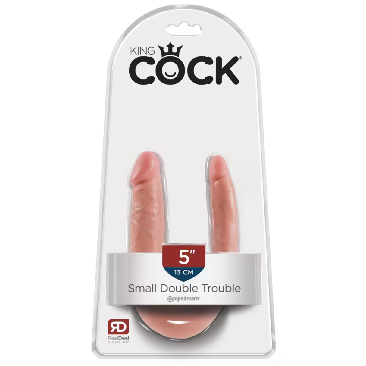 Eine Packung zeigt zwei rosa Dildos. Oben steht "KING COCK". Darunter steht "Small Double Trouble" und "5" Zoll.