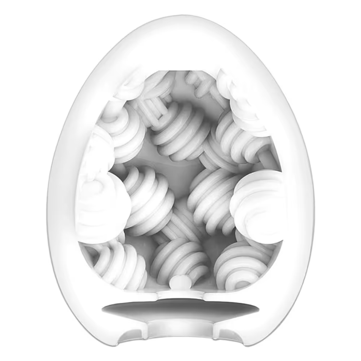 Un dispositivo blanco en forma de huevo con espirales blancas en el interior.